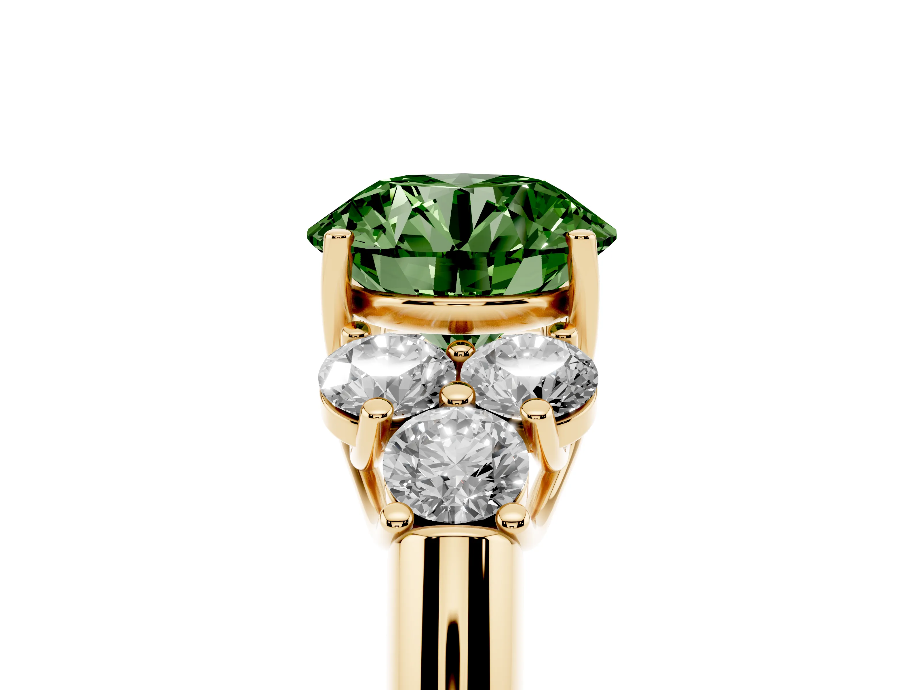 Fancy Green Round Cut Diamond Cluster Ring Set in Yellow gold with Round Accent Stones and Prong Setting on a Plain Band