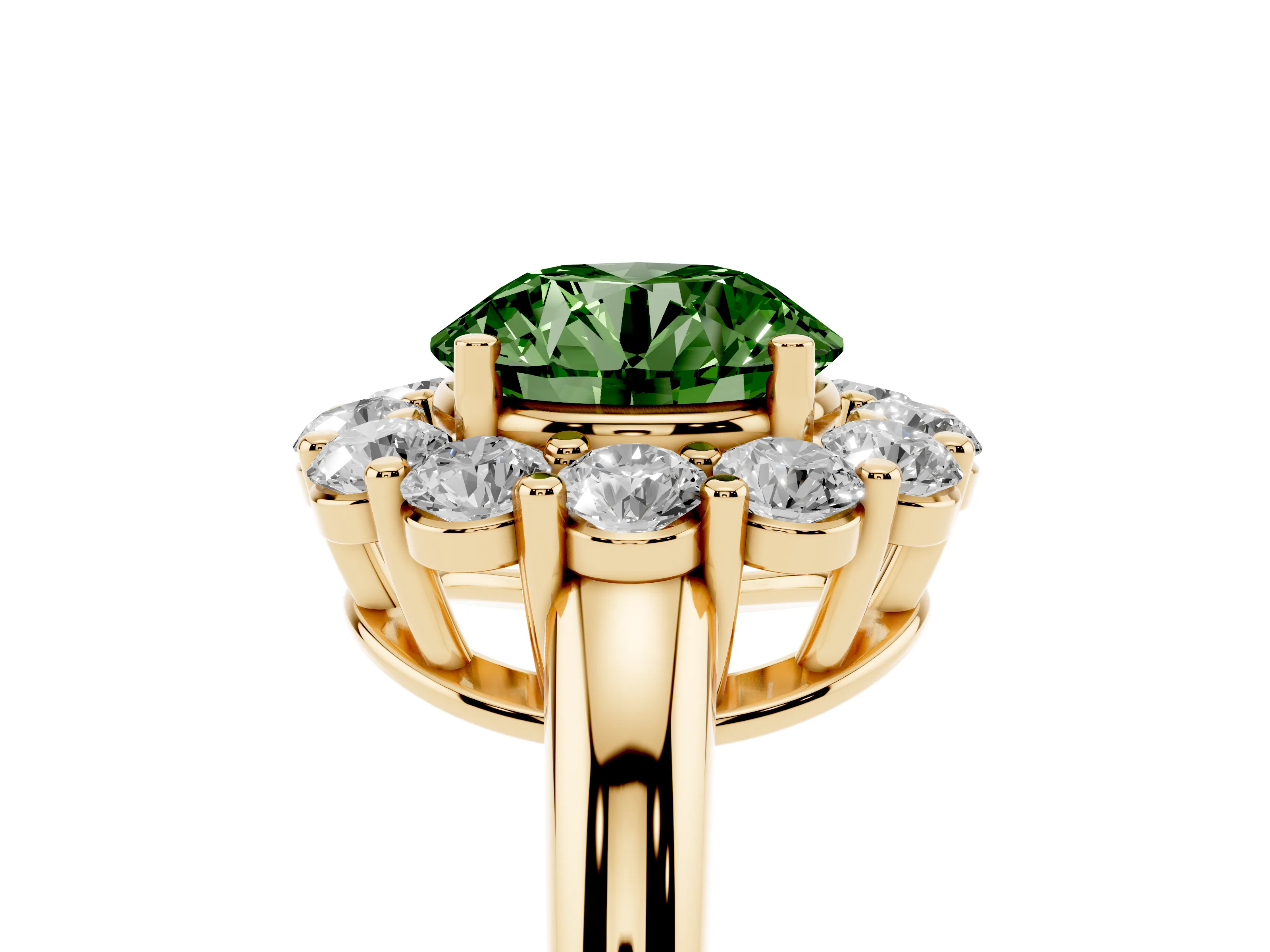 Fancy Green Round Cut Diamond Halo Cluster Engagement Ring Set in Yellow gold with Polished Band and Prong Setting