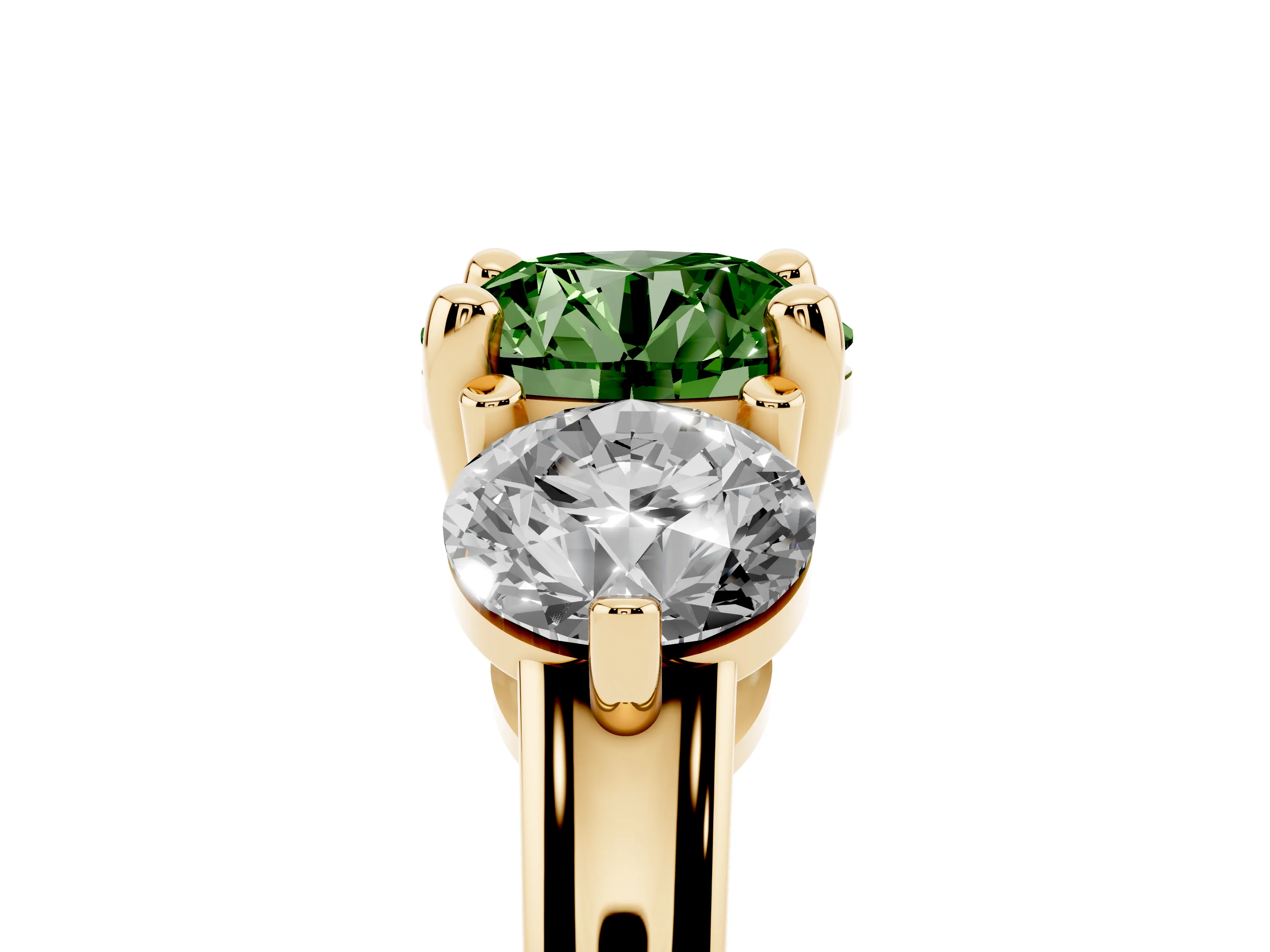 Fancy Green Round Cut Diamond Three-Stone Ring Set in Yellow gold with Prong Setting and Classic Band