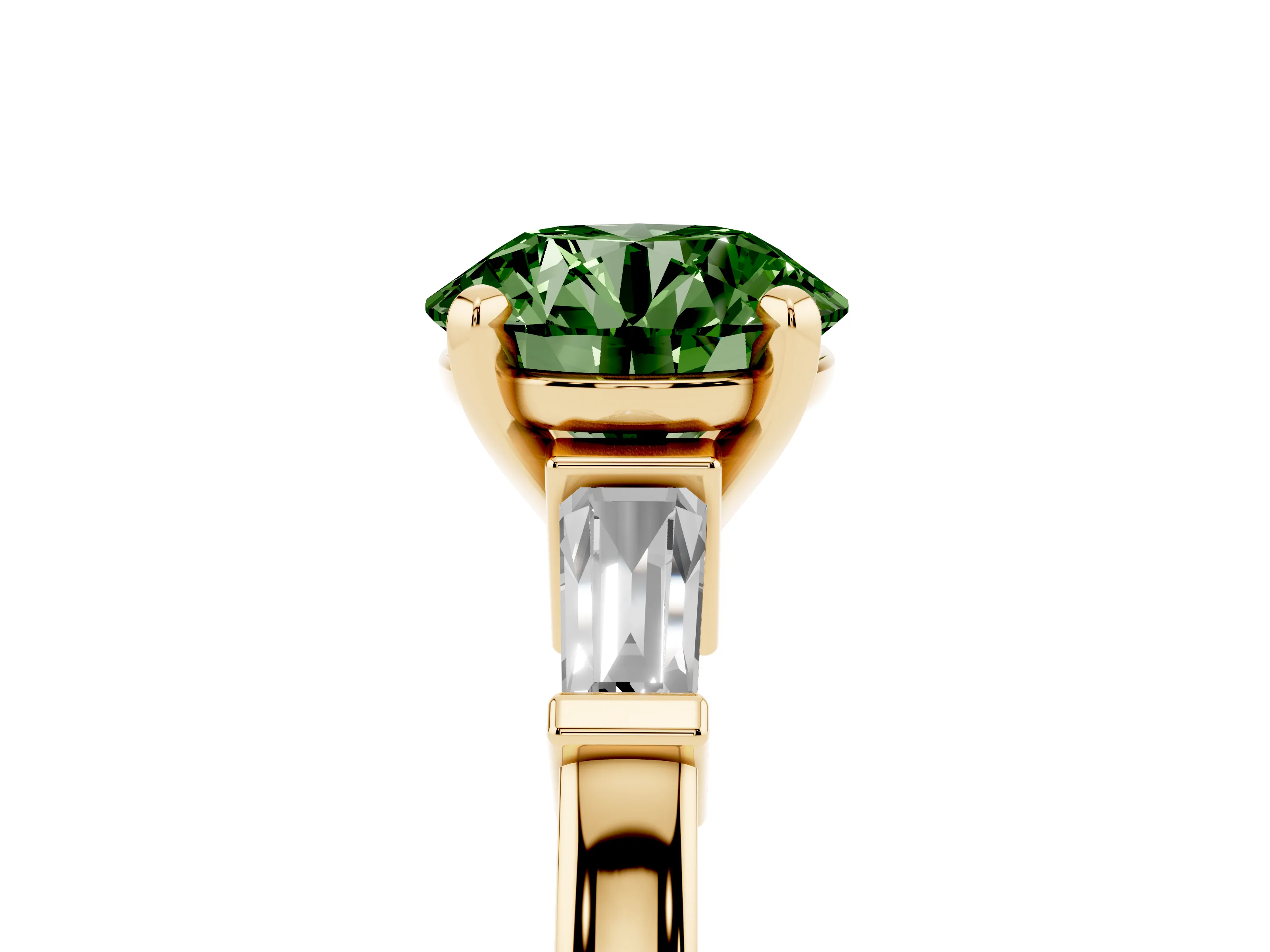 Fancy Green Round Cut Diamond Solitaire Ring Set in Yellow gold with Tapered Baguette Accents and Prong Setting