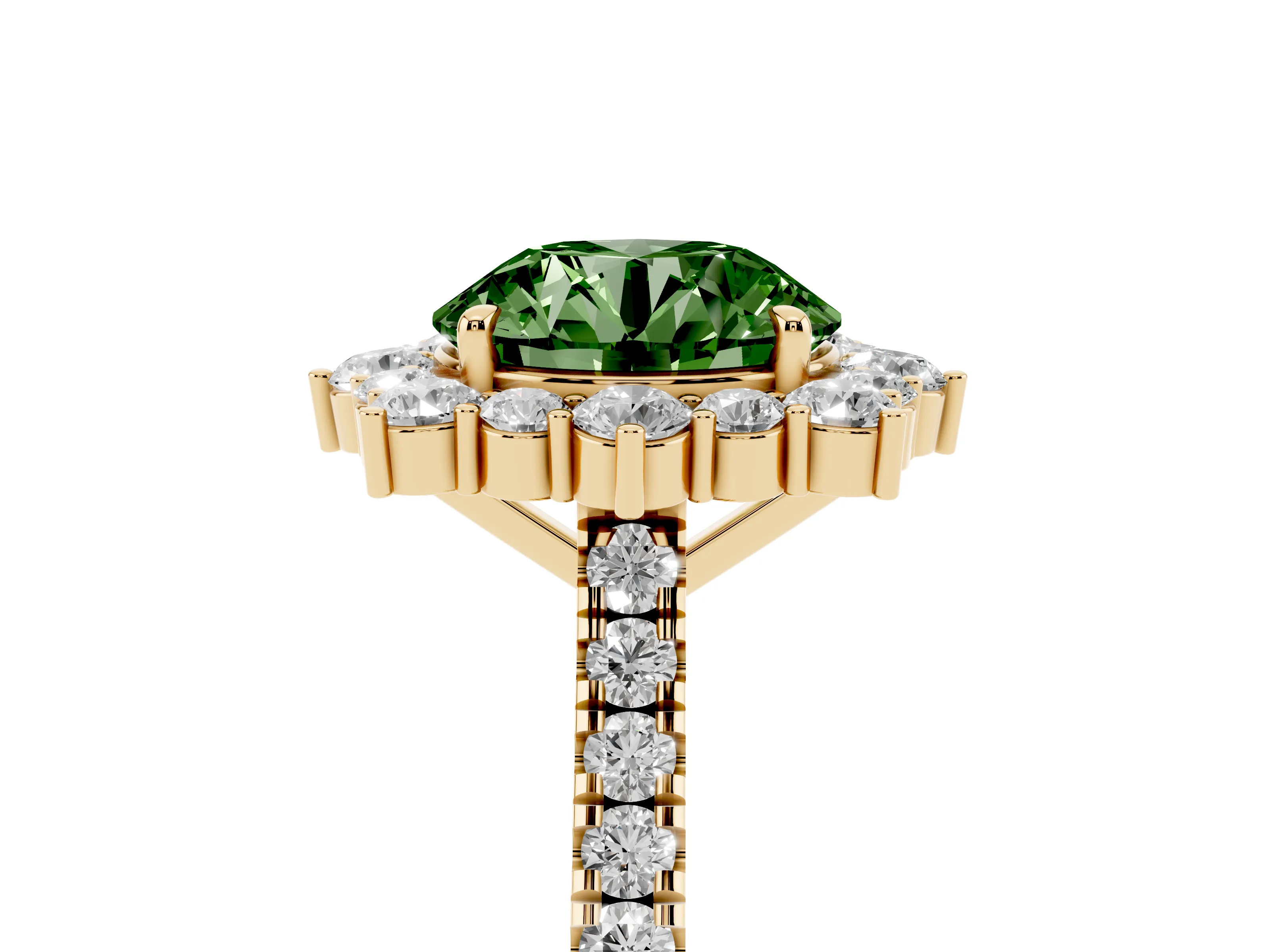 Fancy Green Round Cut Diamond Halo Ring Set in Yellow gold with Pavé Band and Prong Setting