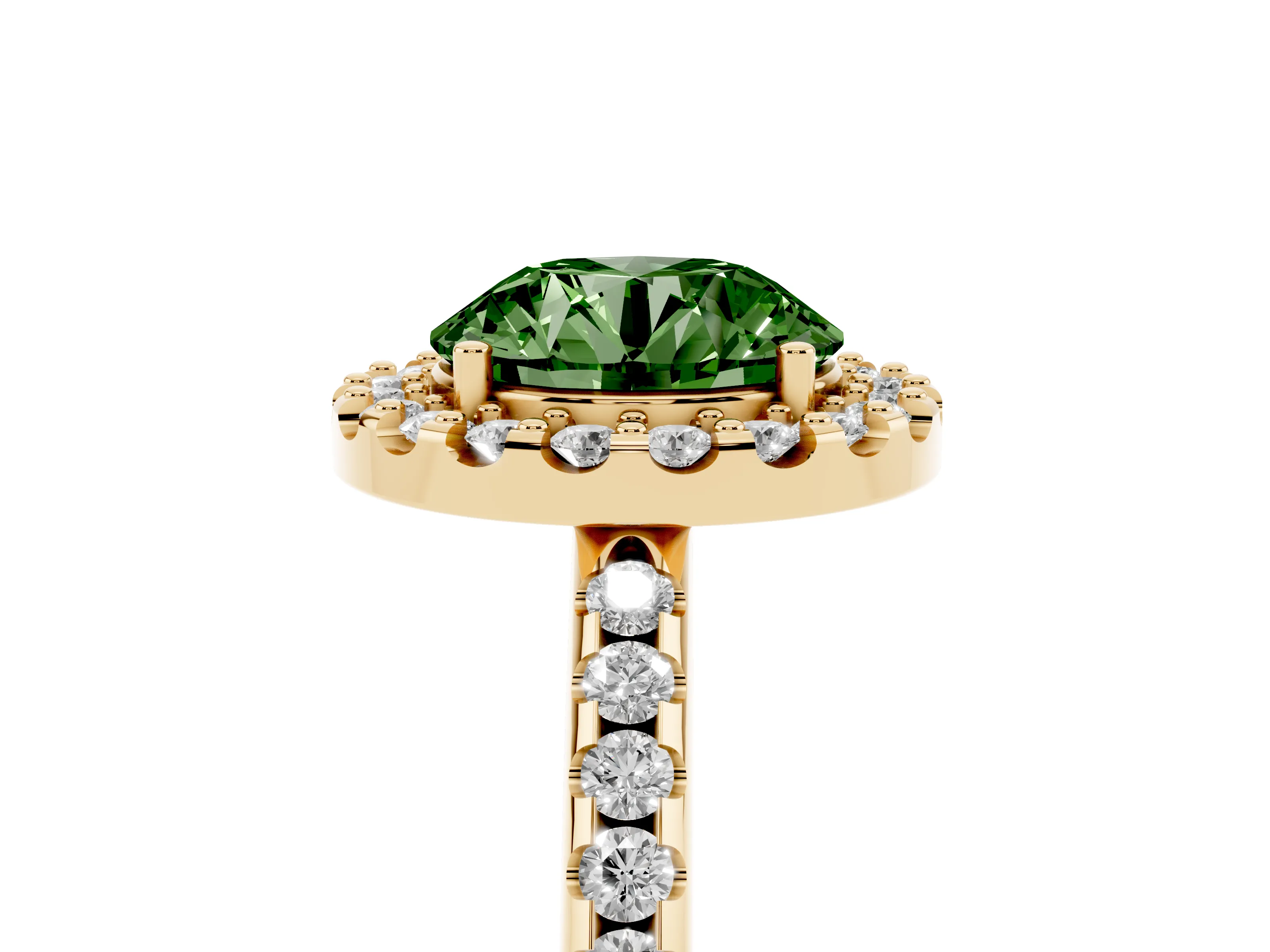 Fancy Green Round Cut Diamond Pavé Halo Ring Set in Yellow gold with Prong Setting