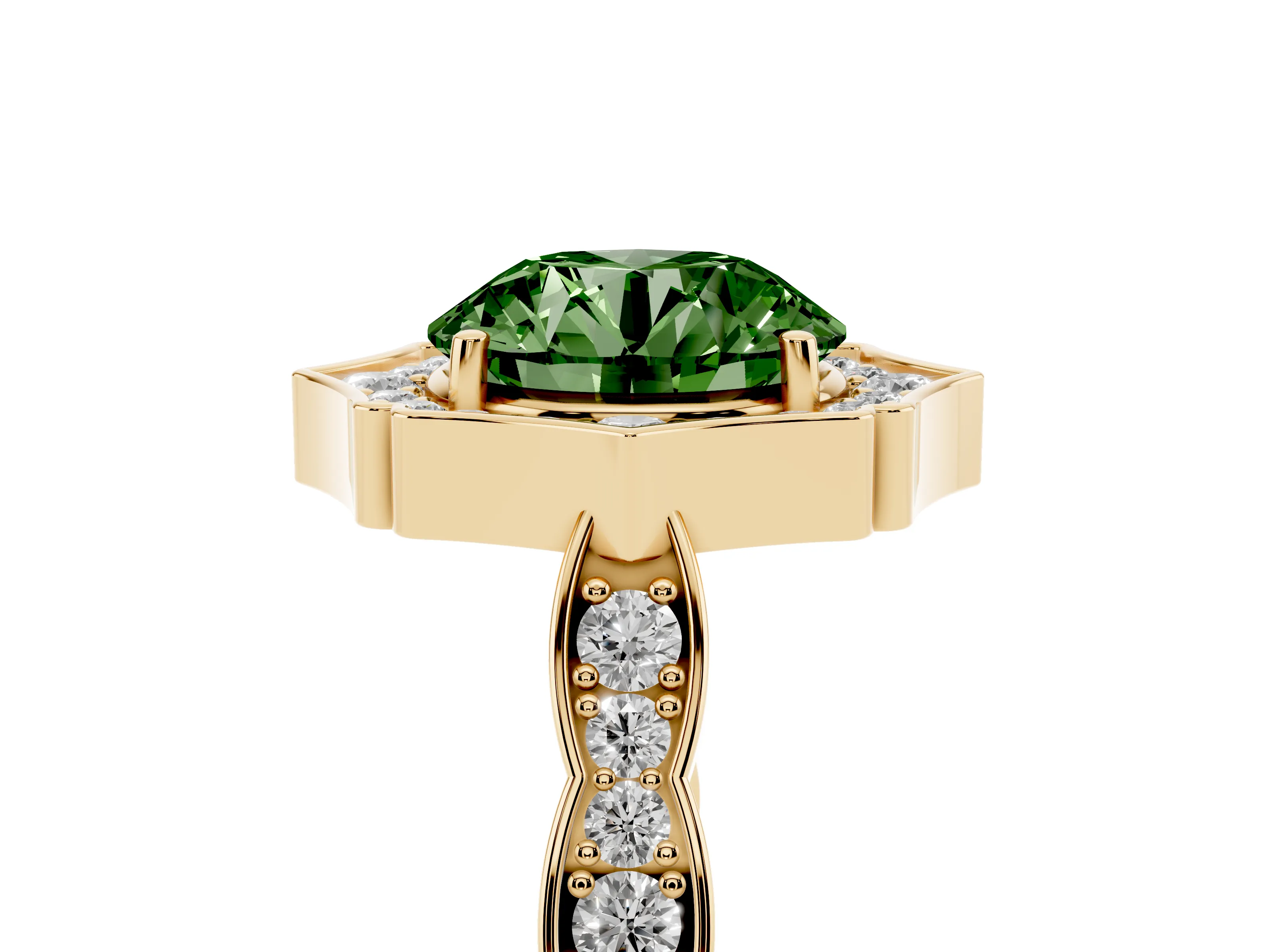 Fancy Green Round Cut Diamond Halo Engagement Ring Set in Yellow gold with Milgrain Band and Prong Setting