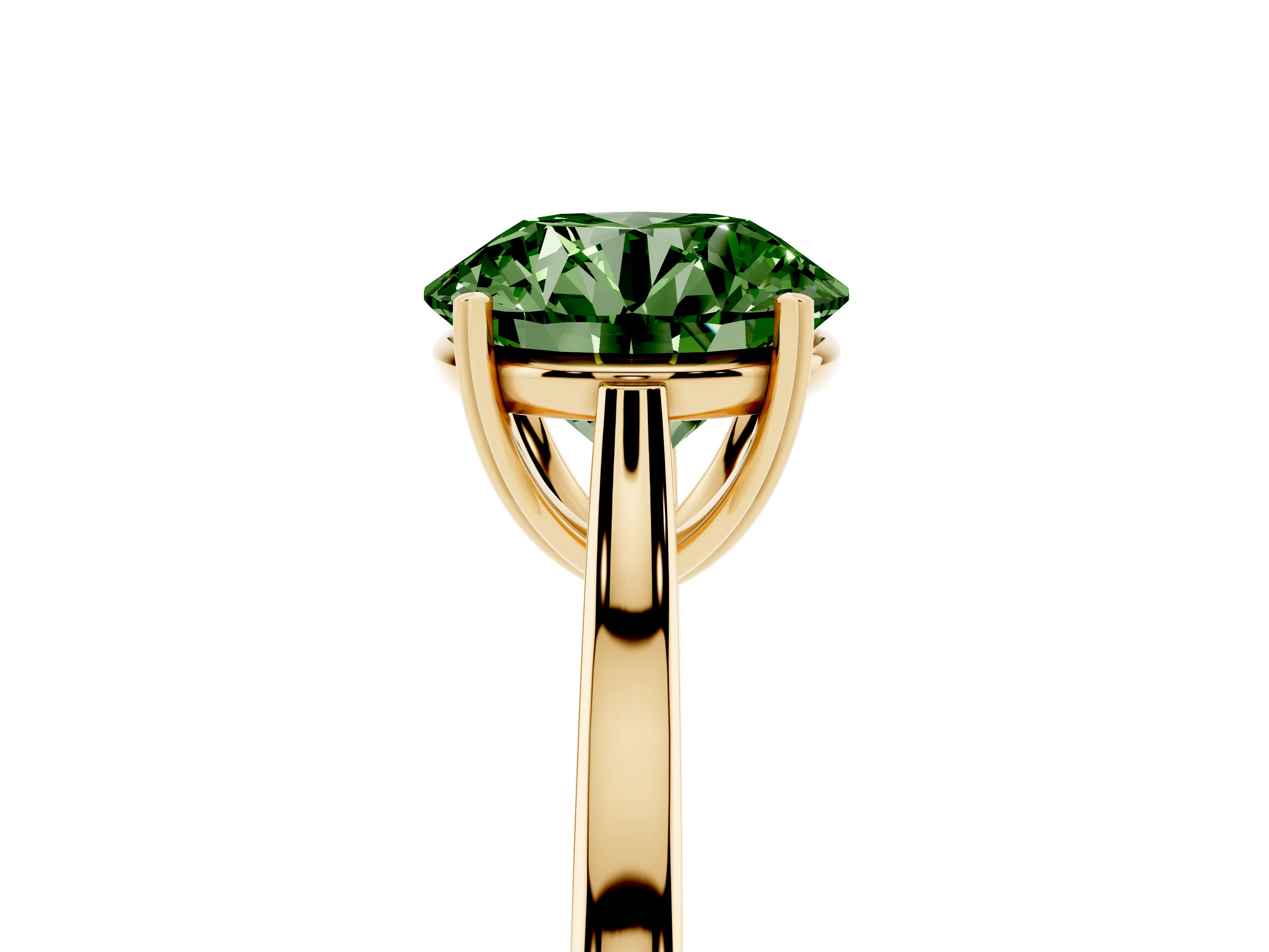 Fancy Green Round Cut Diamond Solitaire Heart Prong Engagement Ring Set in Yellow gold with Tapered Band