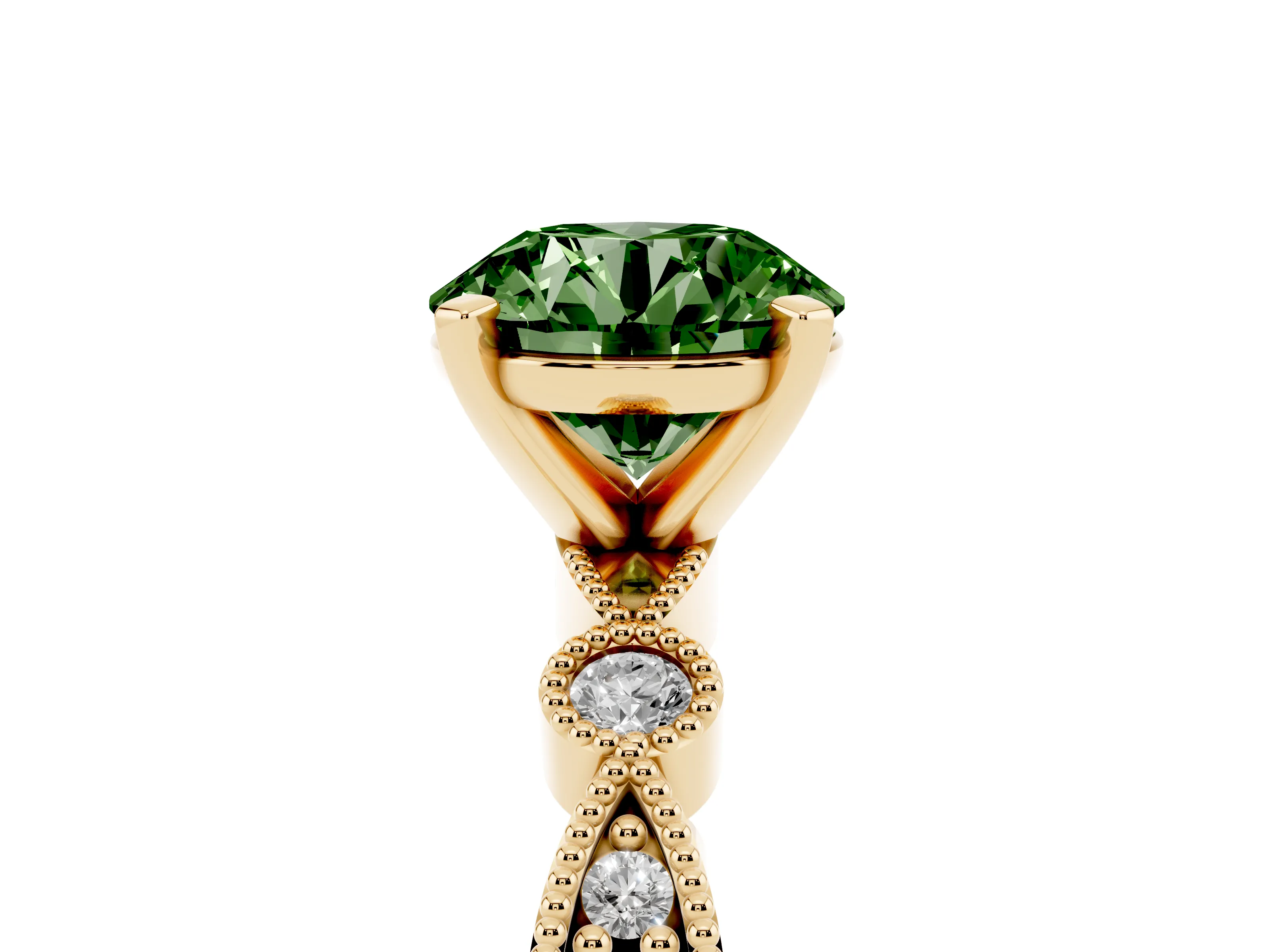 Fancy Green Round Cut Diamond Solitaire Engagement Ring Set in Yellow gold with Milgrain Bezel Accent Band