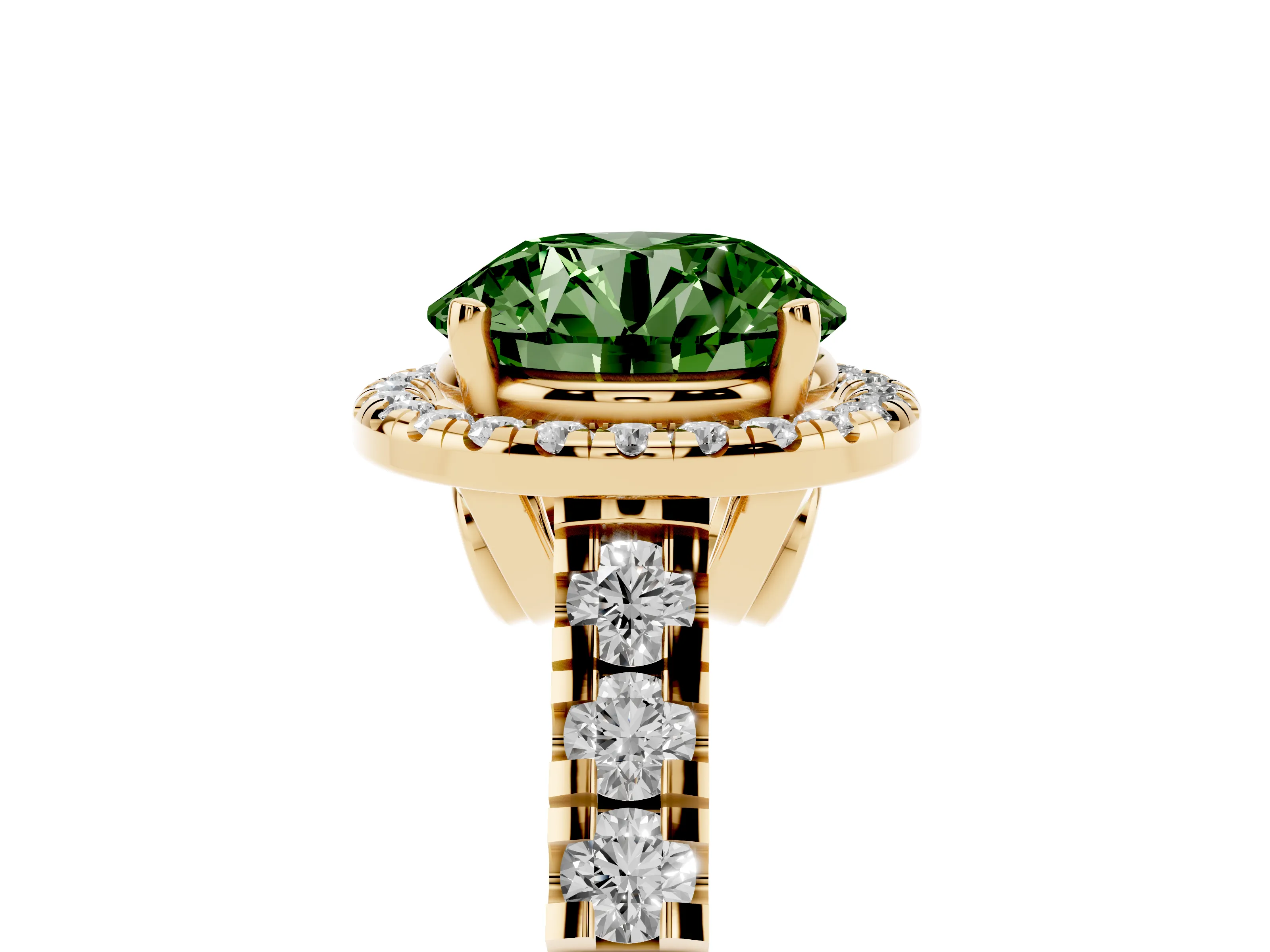 Fancy Green Round Cut Diamond Halo Engagement Ring Set in Yellow gold with Pavé Band and Prong-Set Center