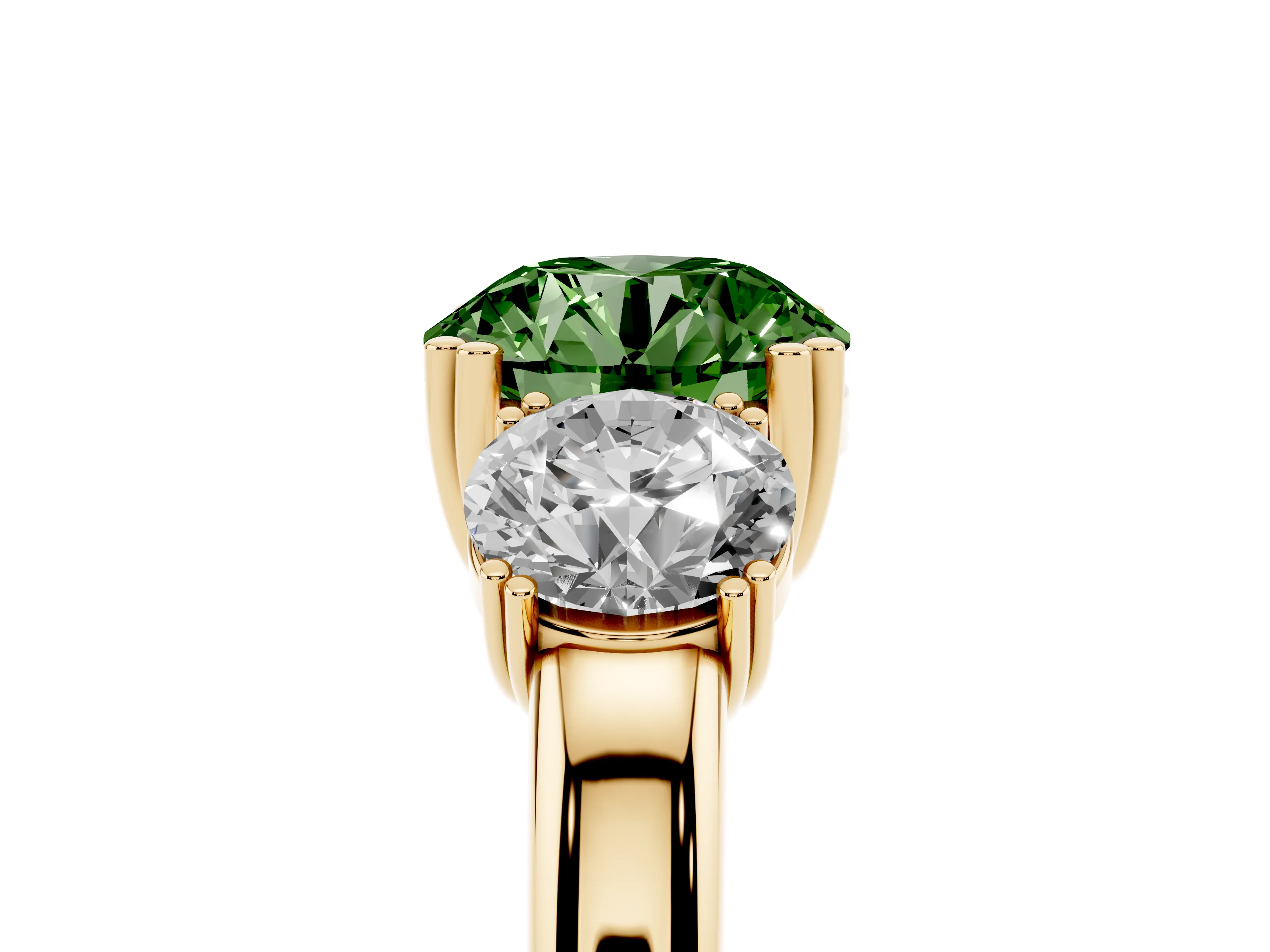 Fancy Green Round Cut Diamond Three-Stone Ring Set in Yellow gold with Polished Channel-Set Band