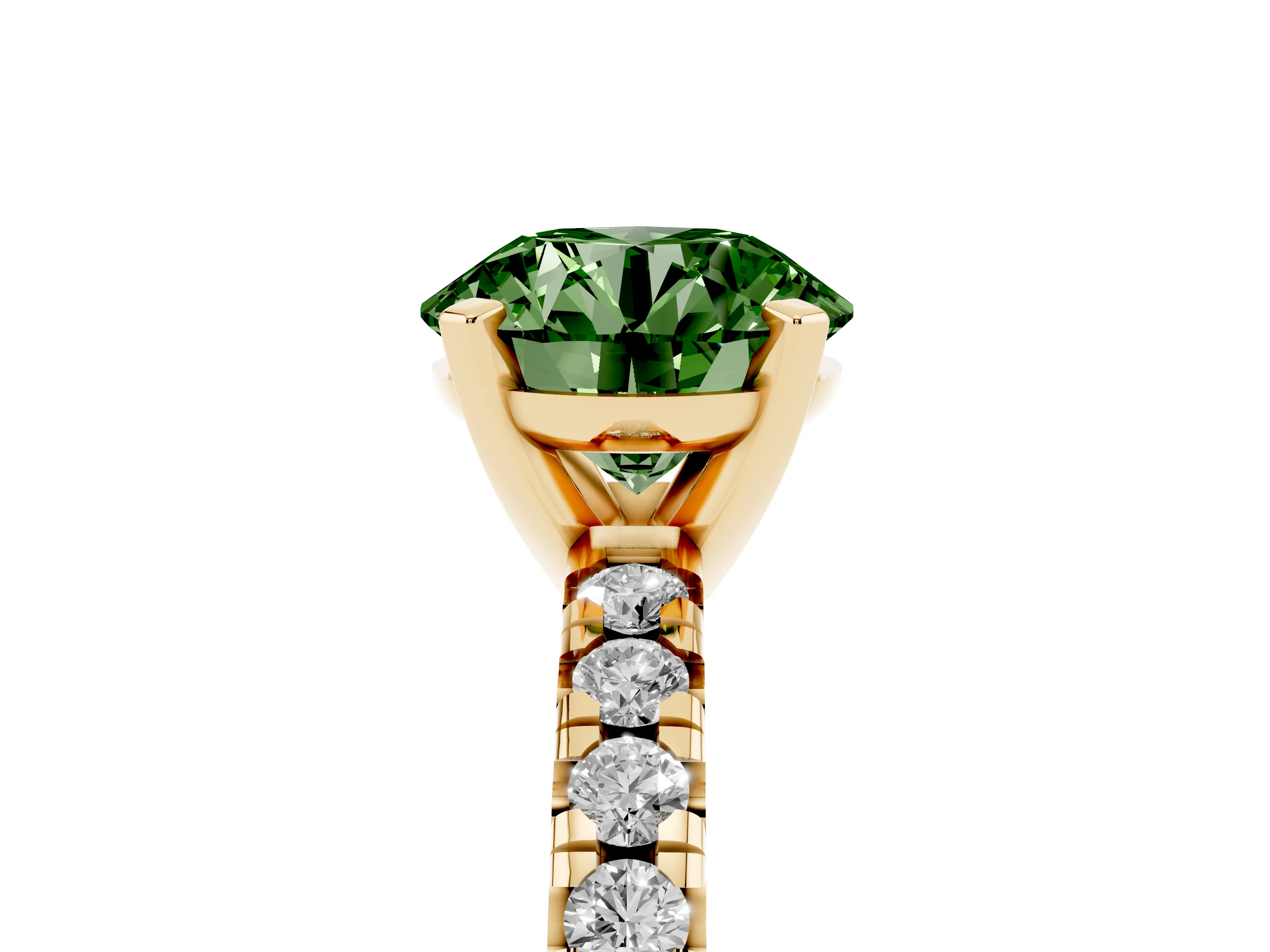 Fancy Green Round Cut Diamond Solitaire Pavé Engagement Ring Set in Yellow gold with Round Band and Prong Setting