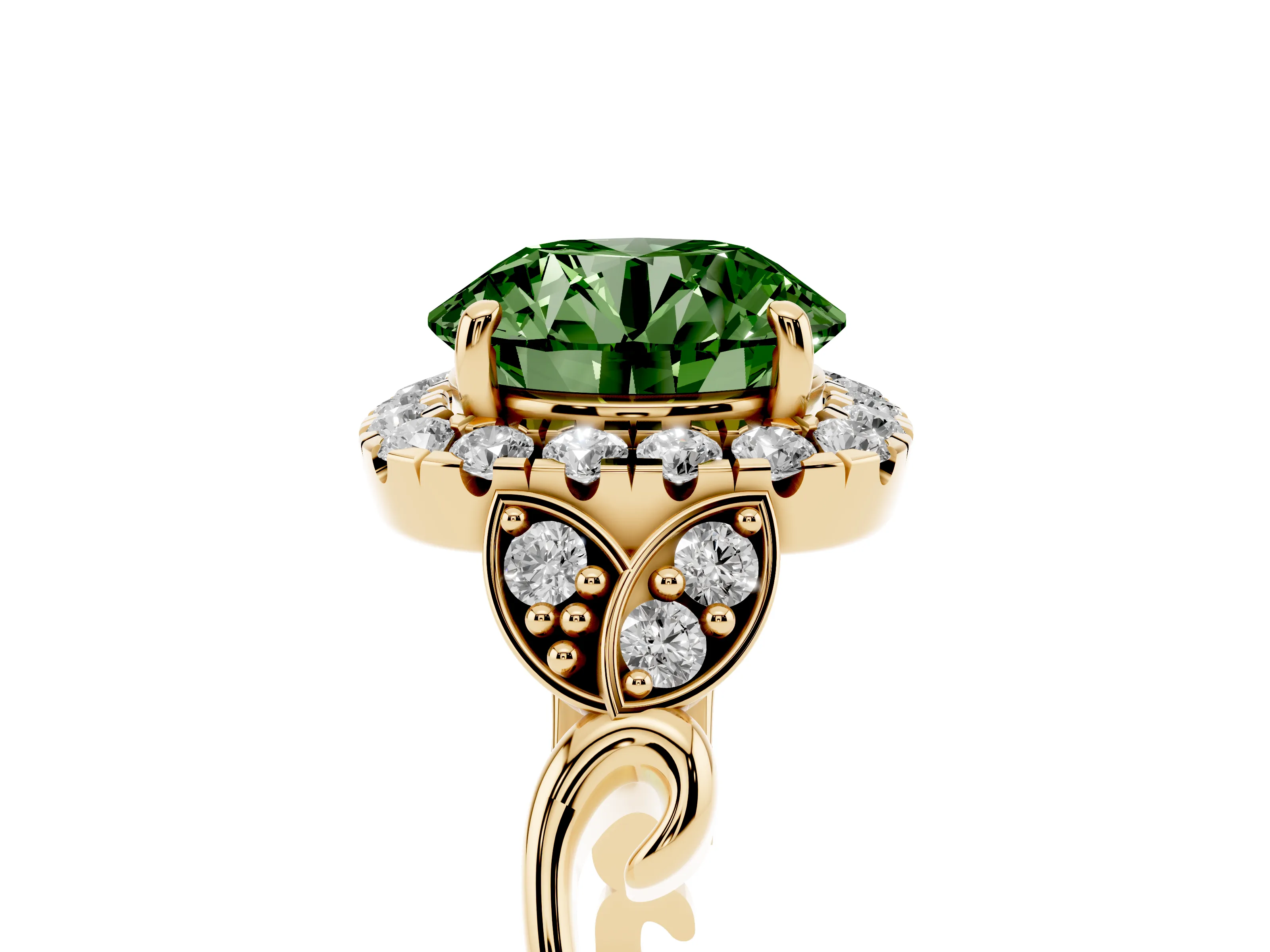 Fancy Green Round Cut Diamond Halo Engagement Ring Set in Yellow gold with Vintage-Inspired Band and Prong Setting