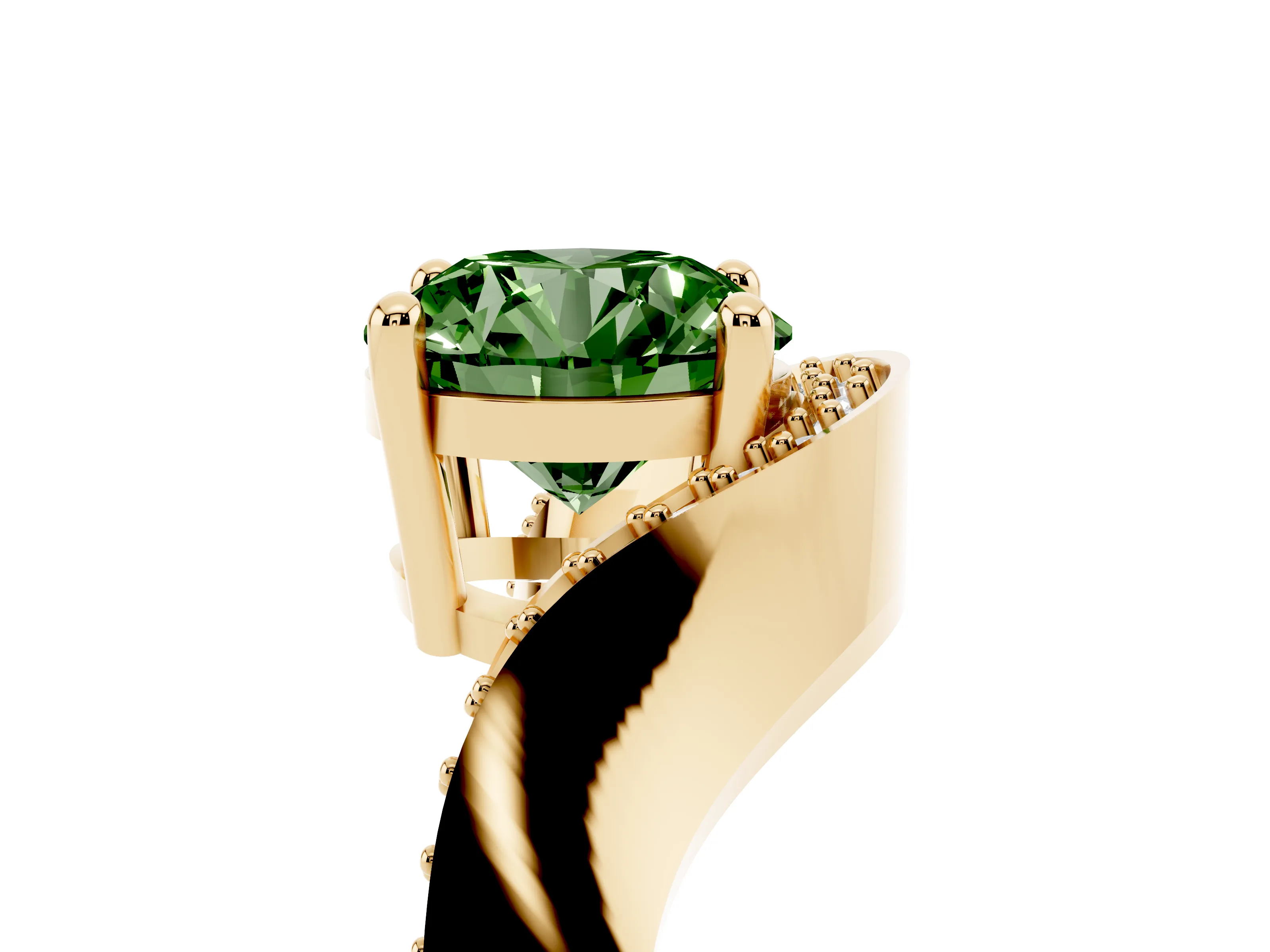 Fancy Green Round Cut Diamond Solitaire Engagement Ring Set in Yellow gold with Pavé Shoulders