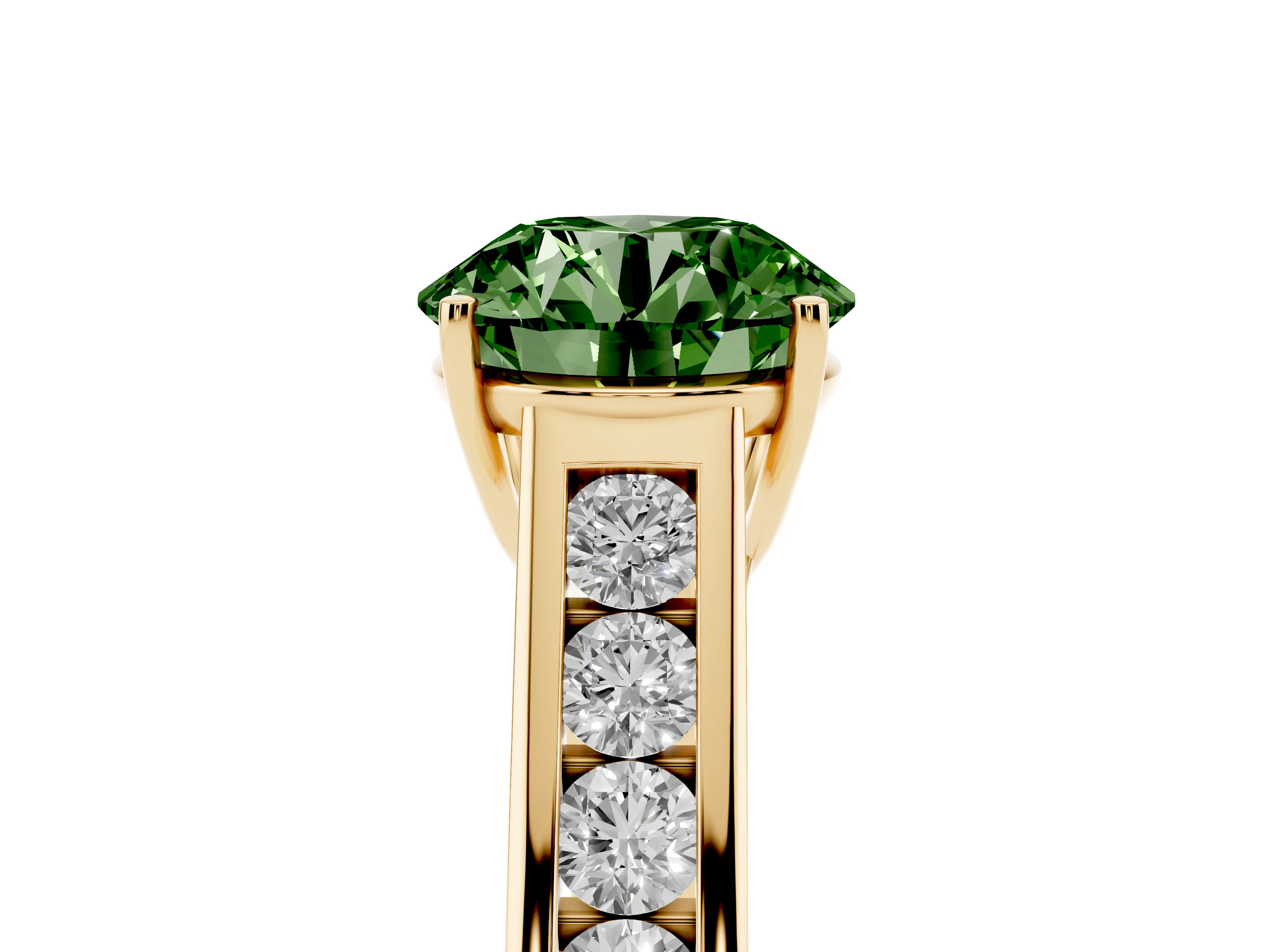 Fancy Green Round Cut Diamond Solitaire Channel-Set Engagement Ring Set in Yellow gold with Prong Setting