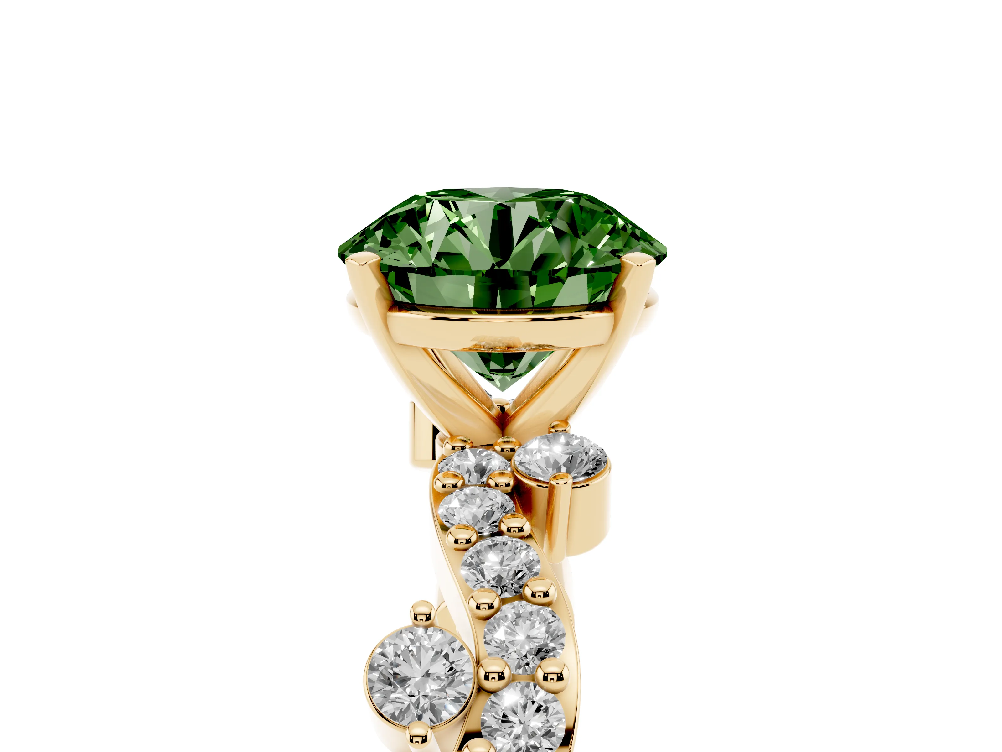 Fancy Green Round Cut Diamond Solitaire Twisted Band Set in Yellow gold with Pavé Setting