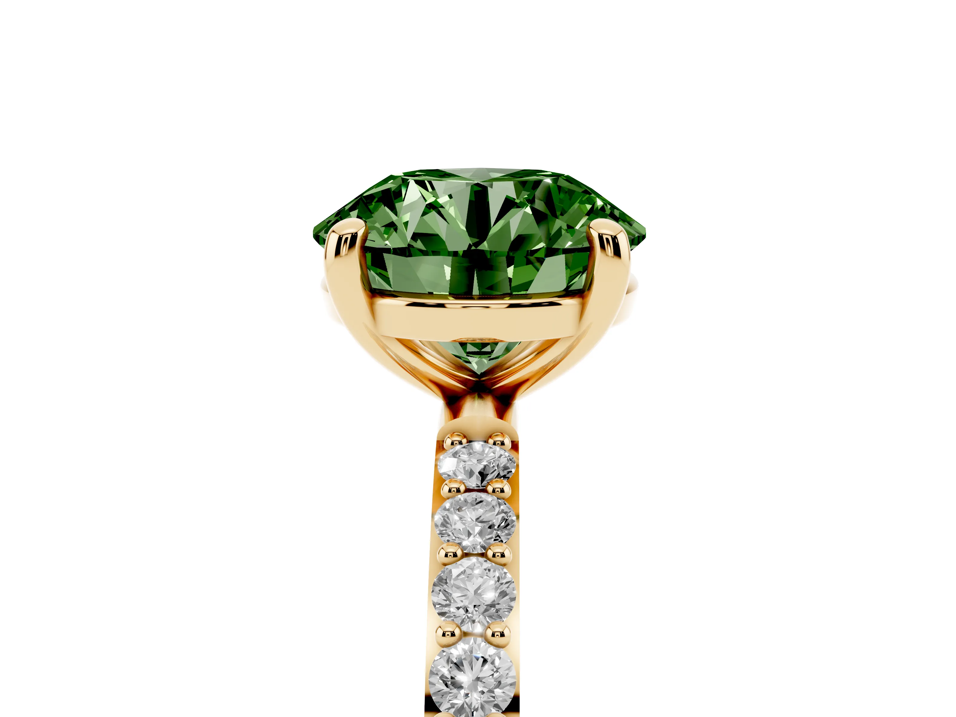 Fancy Green Round Cut Diamond Solitaire Ring Set in Yellow gold with Round Pavé Band and Prong Setting