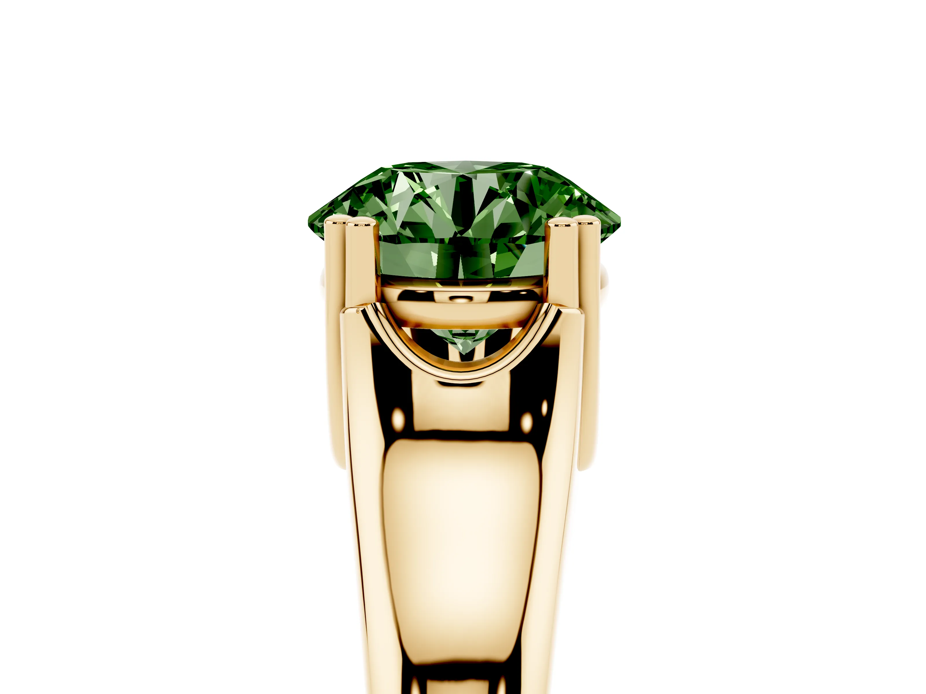 Fancy Green Round Cut Diamond Solitaire Ring Set in Yellow gold with Wide Band and Prong Setting
