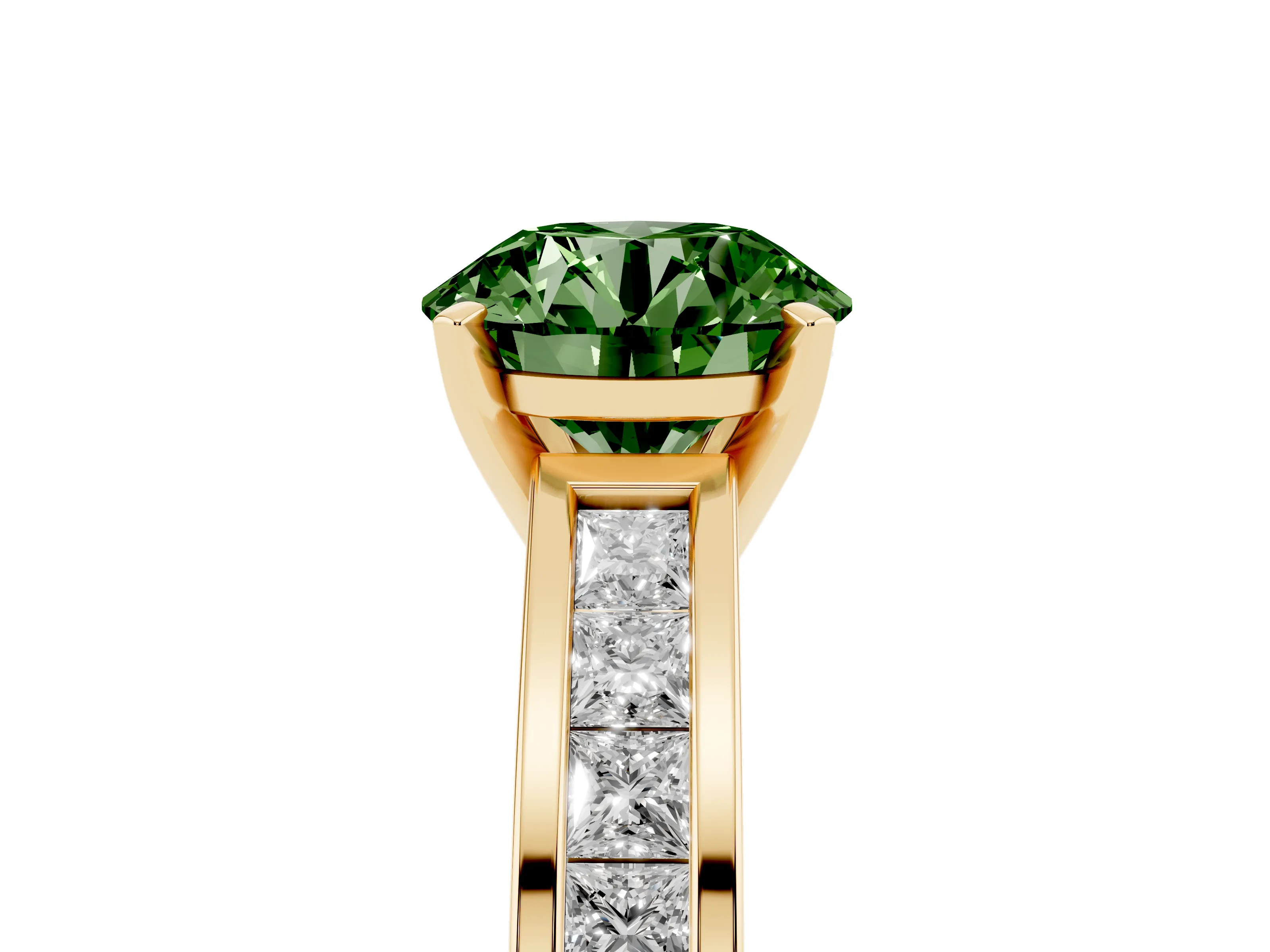 Fancy Green Round Cut Diamond Solitaire Ring Set in Yellow gold with Channel-Set Band and Prong Setting