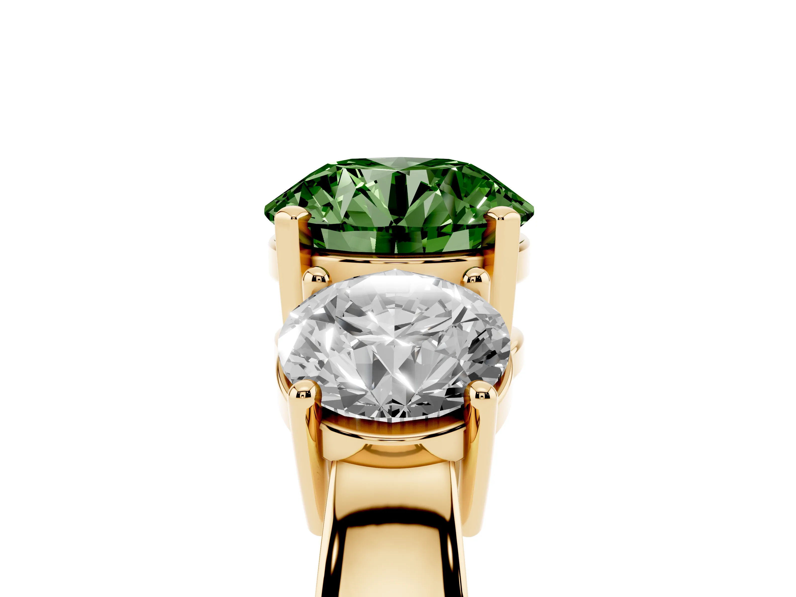 Fancy Green Round Cut Diamond Three-Stone Ring Set in Yellow gold with Round Side Stones and Classic Band