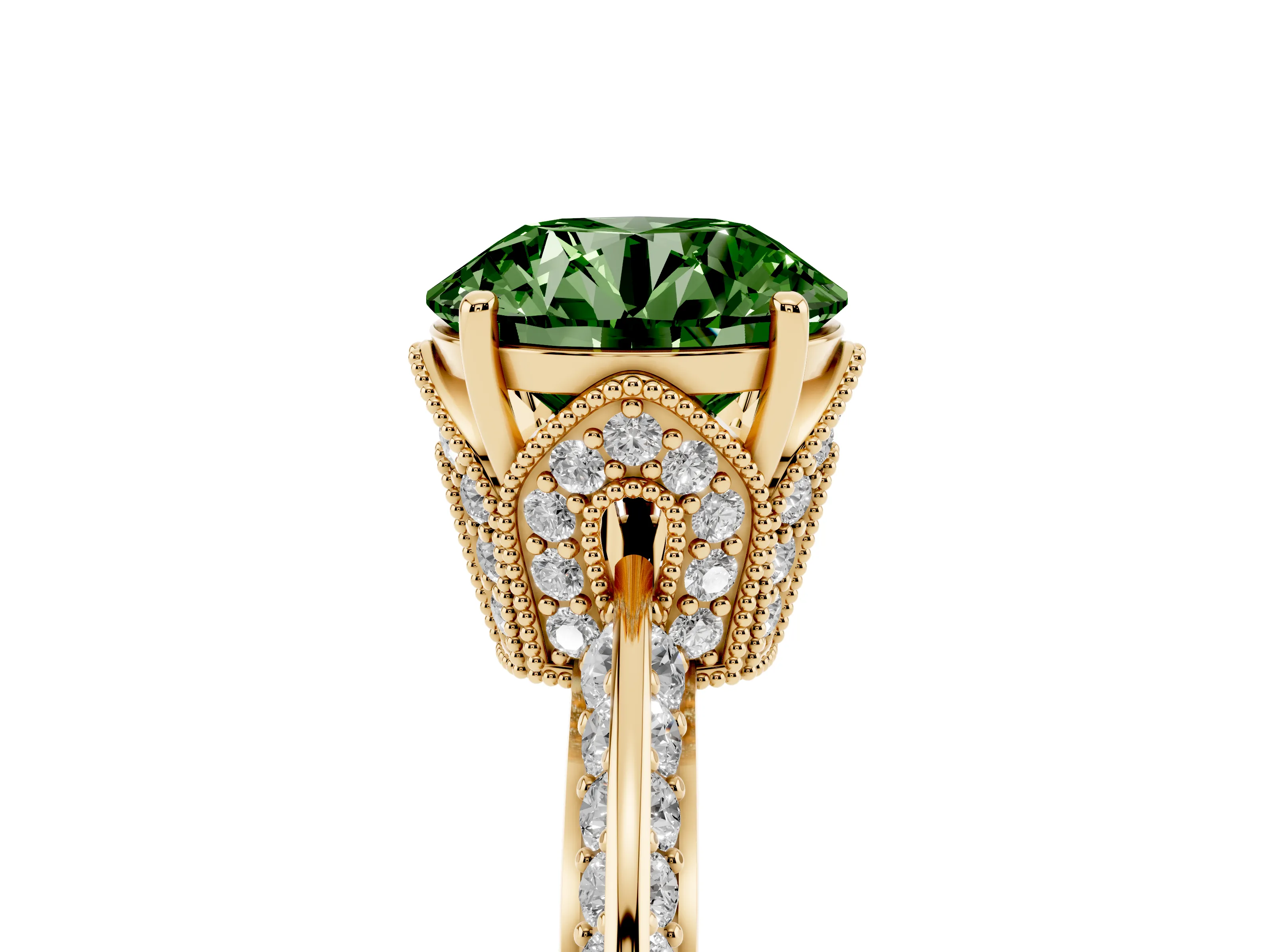 Fancy Green Round Cut Diamond Solitaire Engagement Ring Set in Yellow gold with Pavé Split Shank and Prong Setting