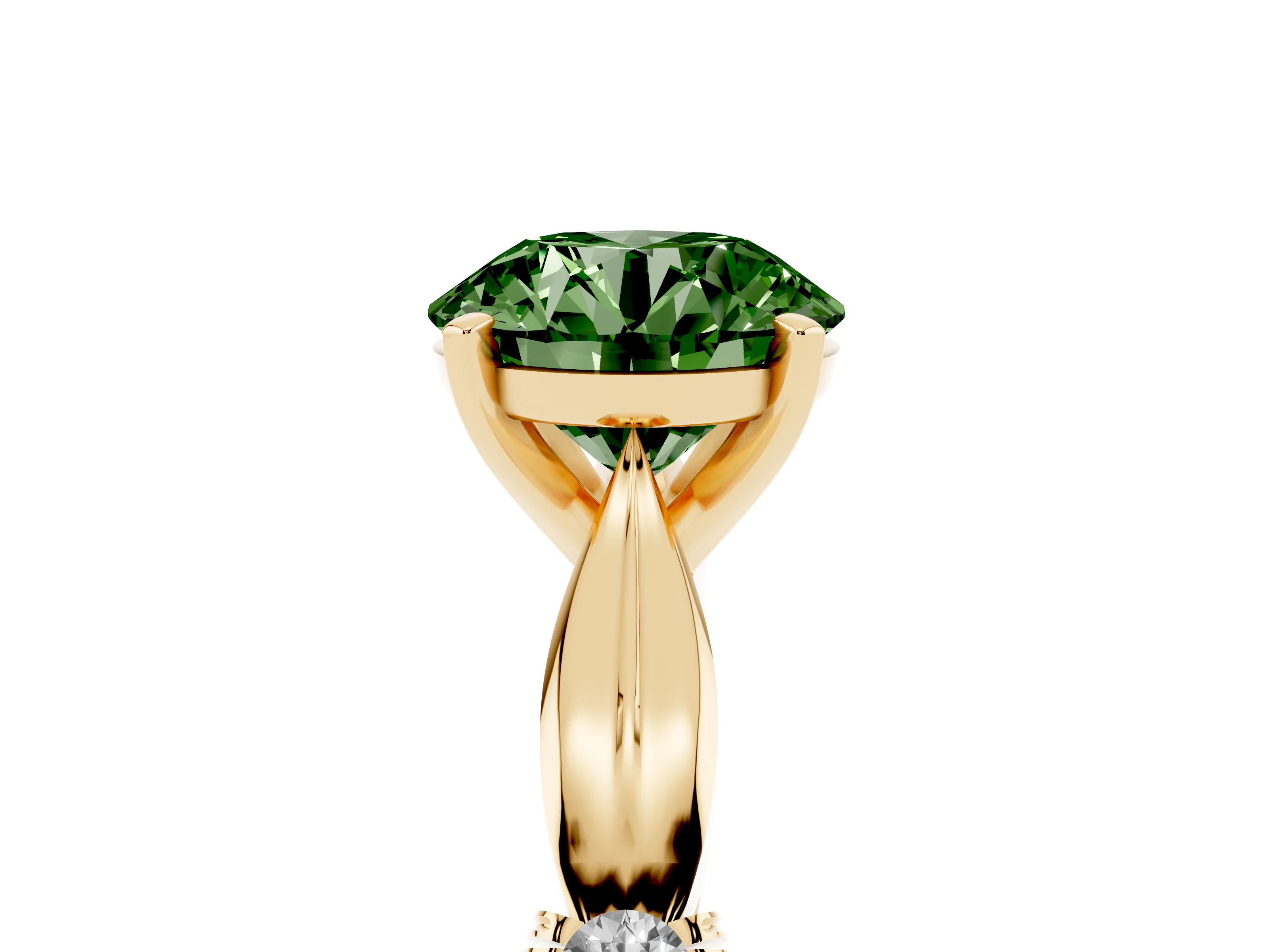 Fancy Green Round Cut Diamond Solitaire Twisted Band Ring Set in Yellow gold with Accent Stones and Prong Setting