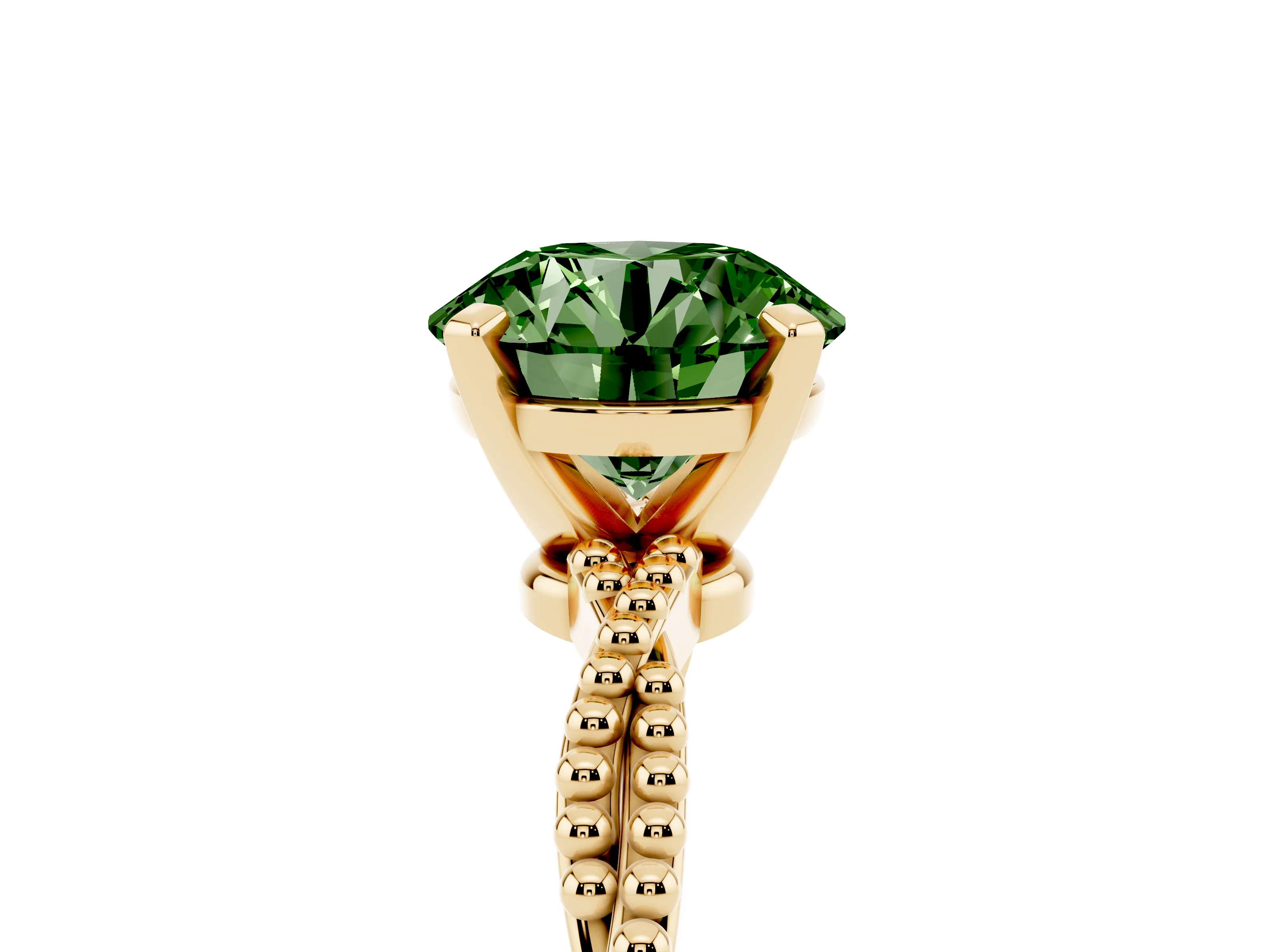 Fancy Green Round Cut Diamond Solitaire Ring Set in Yellow gold with Twisted Band and Bead Prong Setting