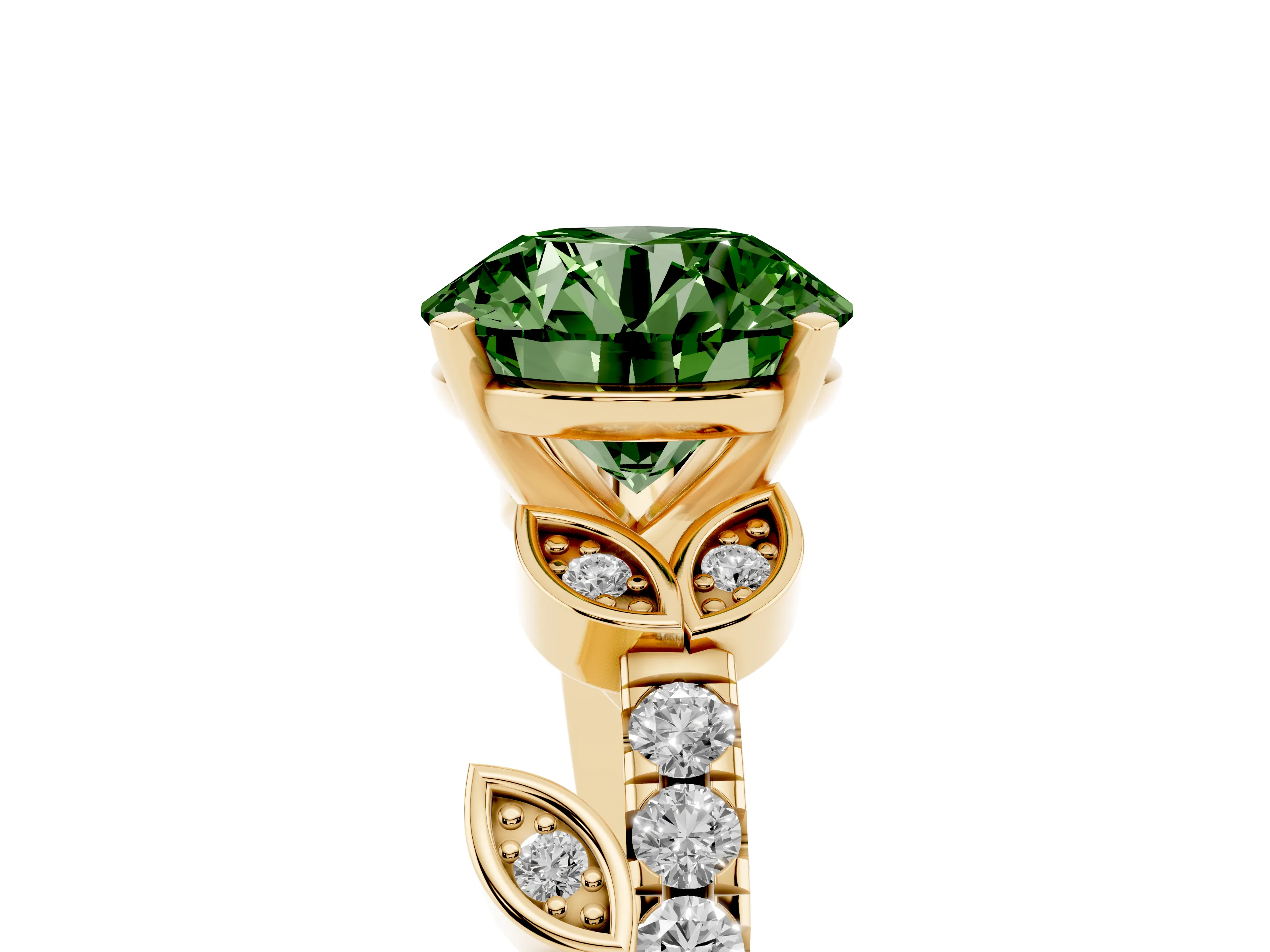 Fancy Green Round Cut Diamond Solitaire Leaf-Inspired Ring Set in Yellow gold with Pavé Band and Prong Setting