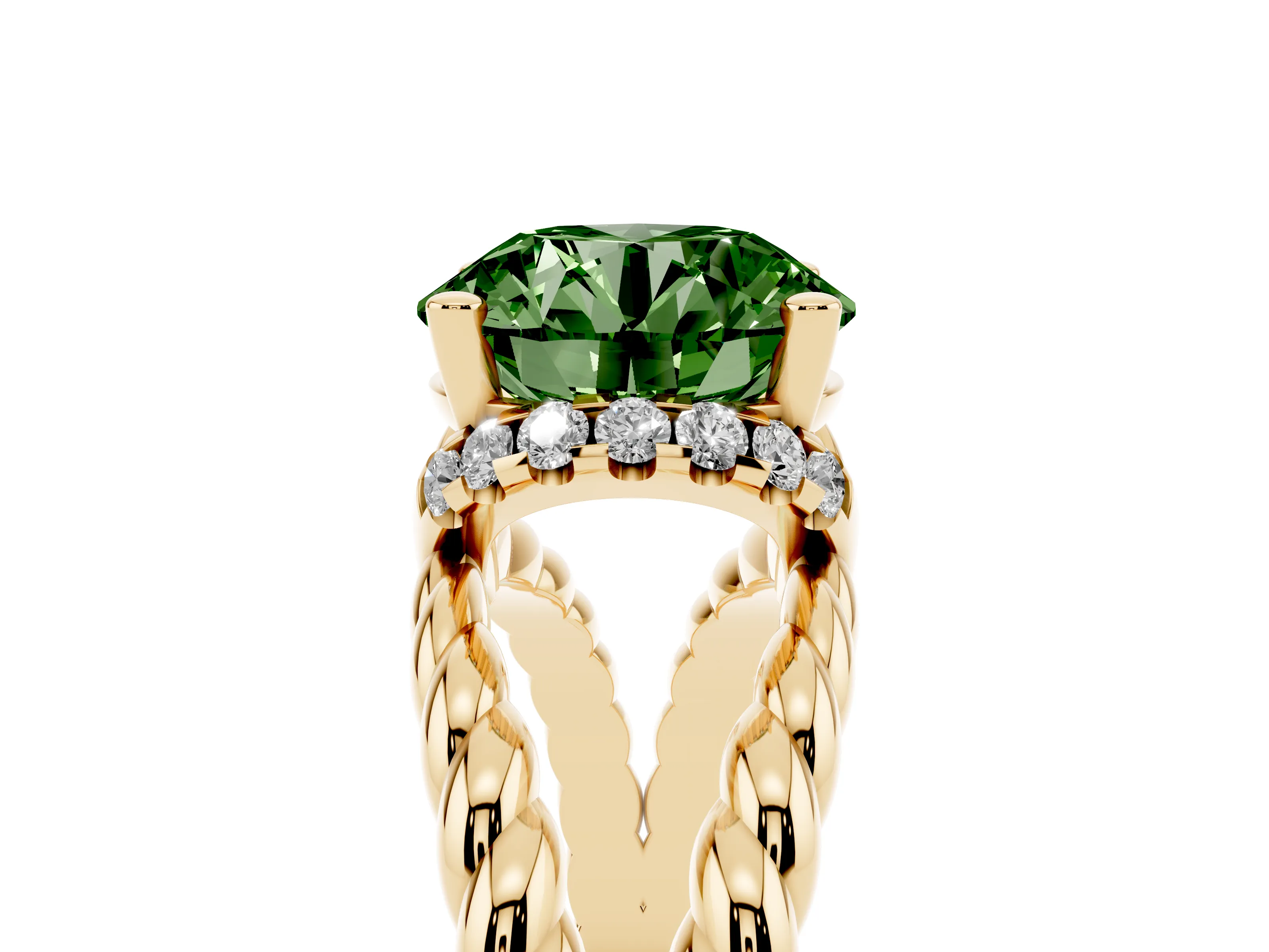 Fancy Green Round Cut Diamond Halo Ring Set in Yellow gold with Twisted Band and Prong Setting