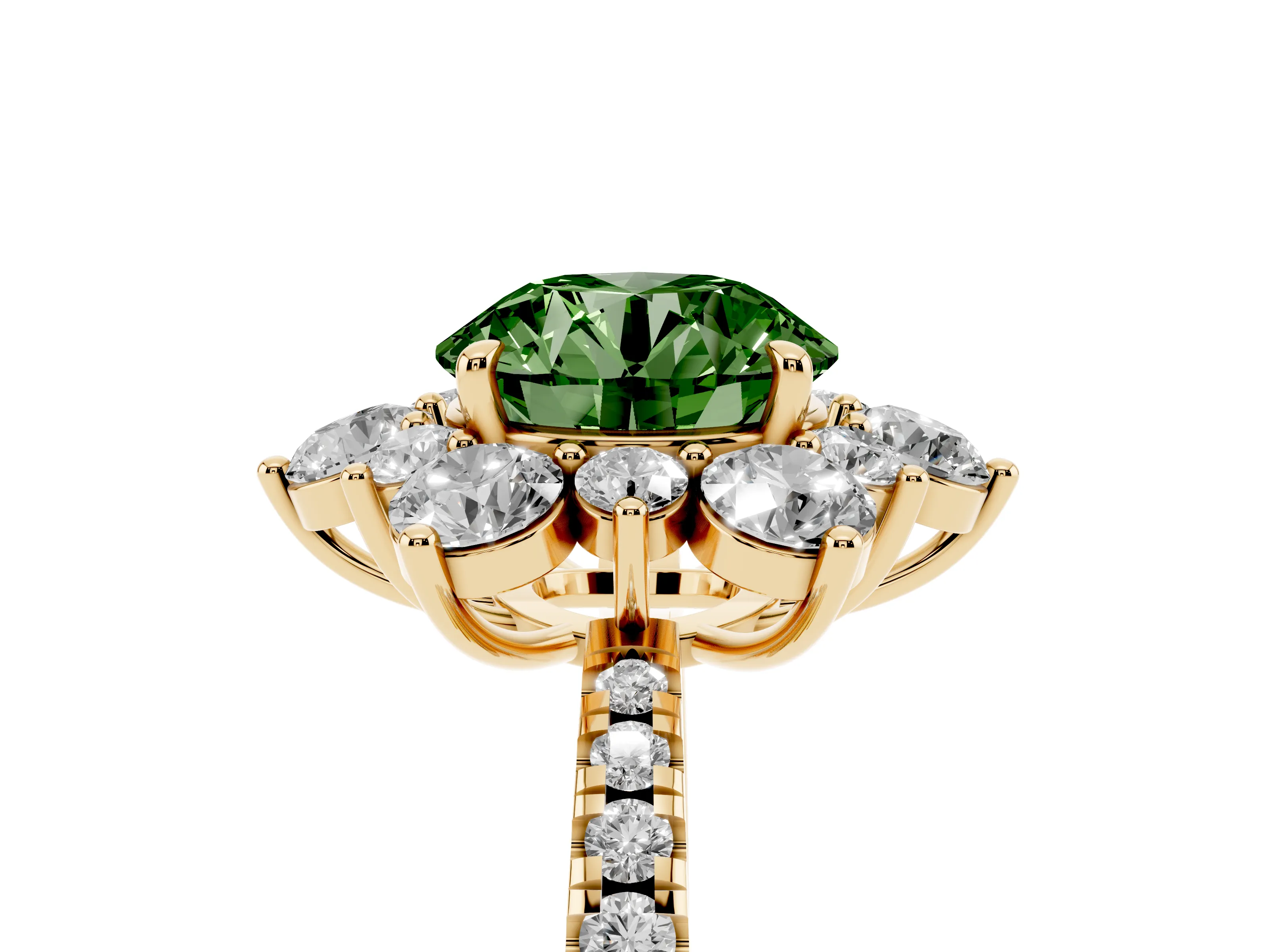 Fancy Green Round Cut Diamond Floral Halo Ring Set in Yellow gold with Round Pavé Band and Prong Setting