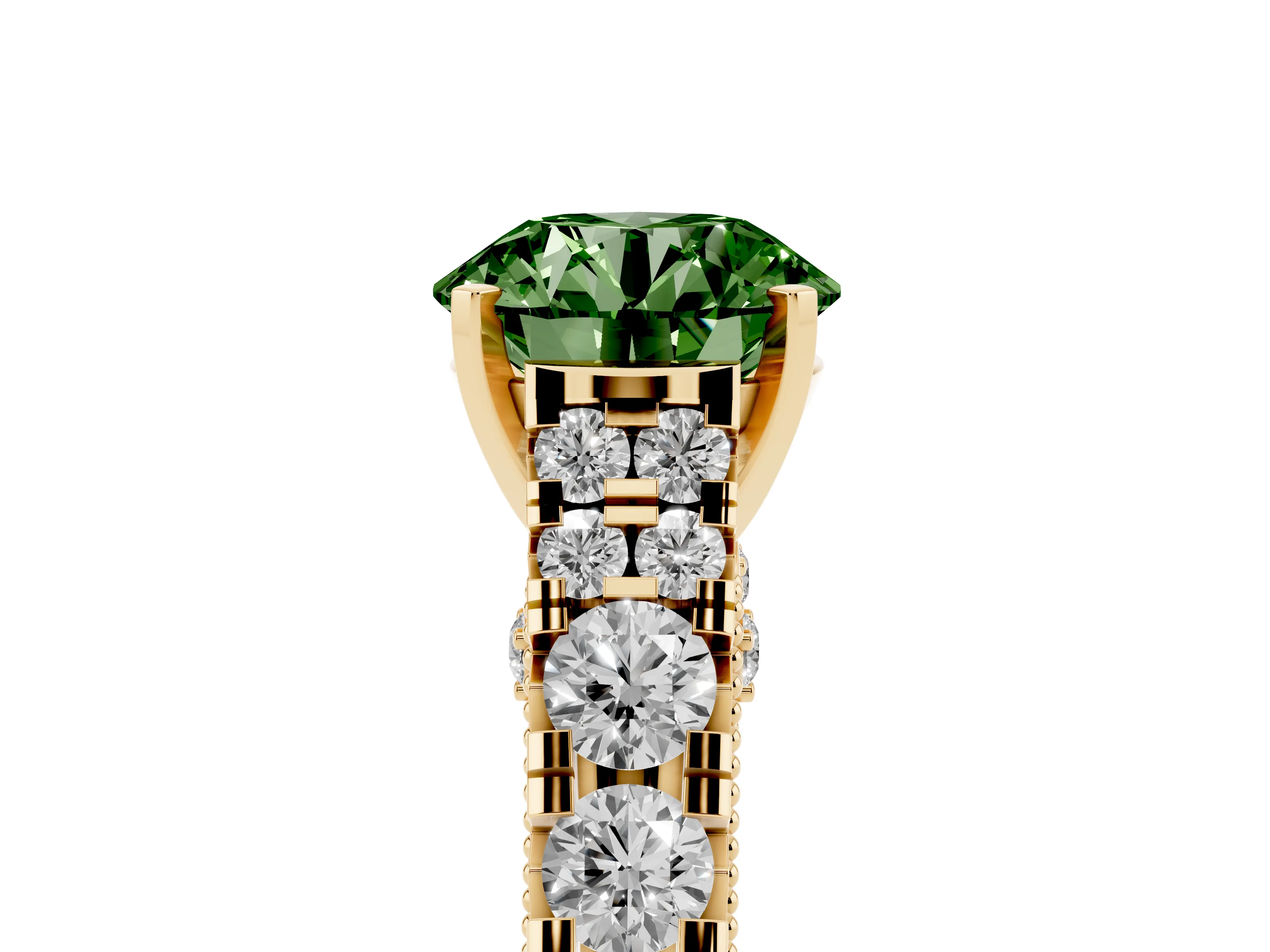 Fancy Green Round Cut Diamond Classic Solitaire Ring Set in Yellow gold with Pavé Band and Prong Setting