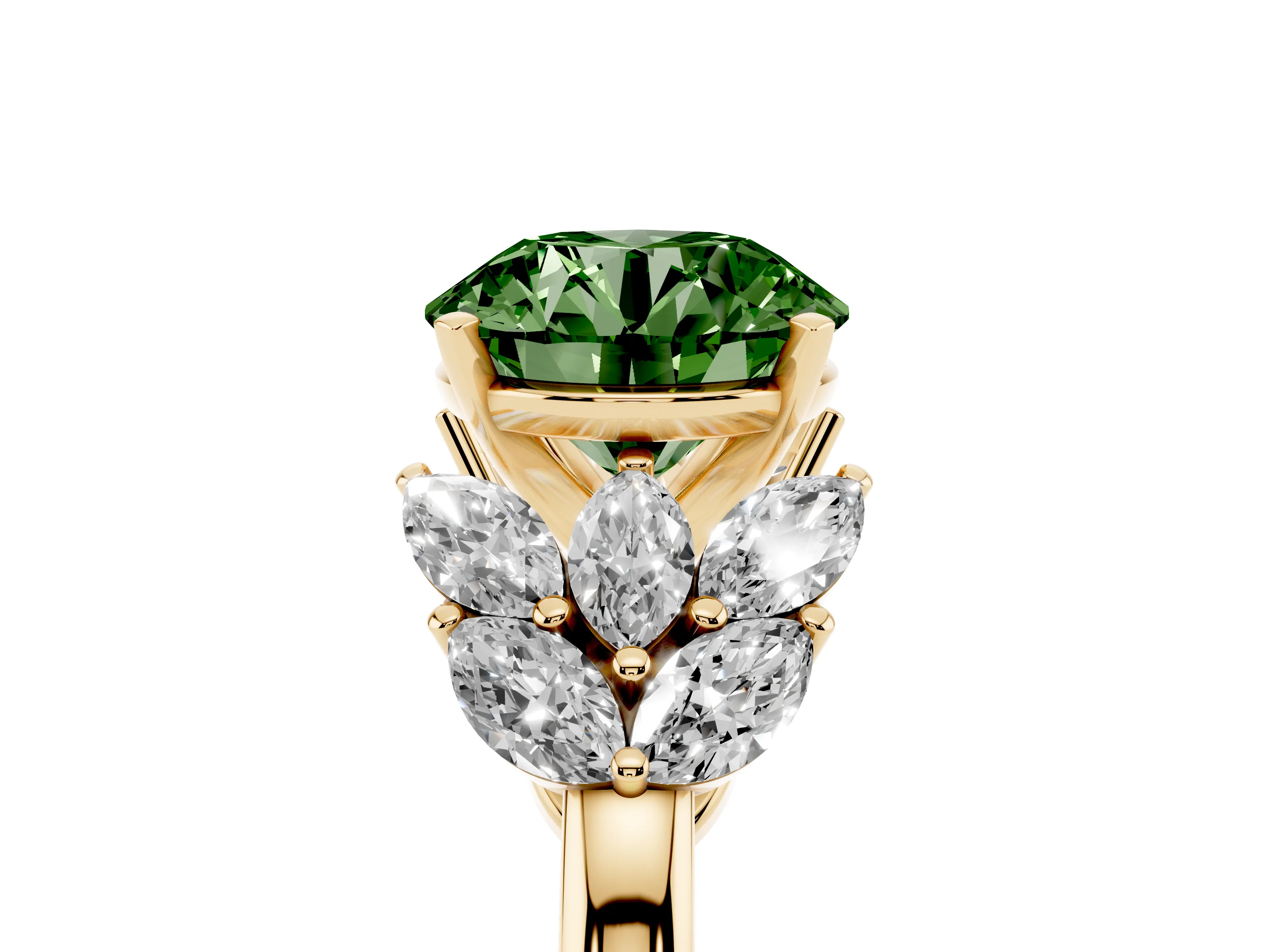 Fancy Green Round Cut Diamond Cluster Leaf Design Ring Set in Yellow gold with Prong Setting