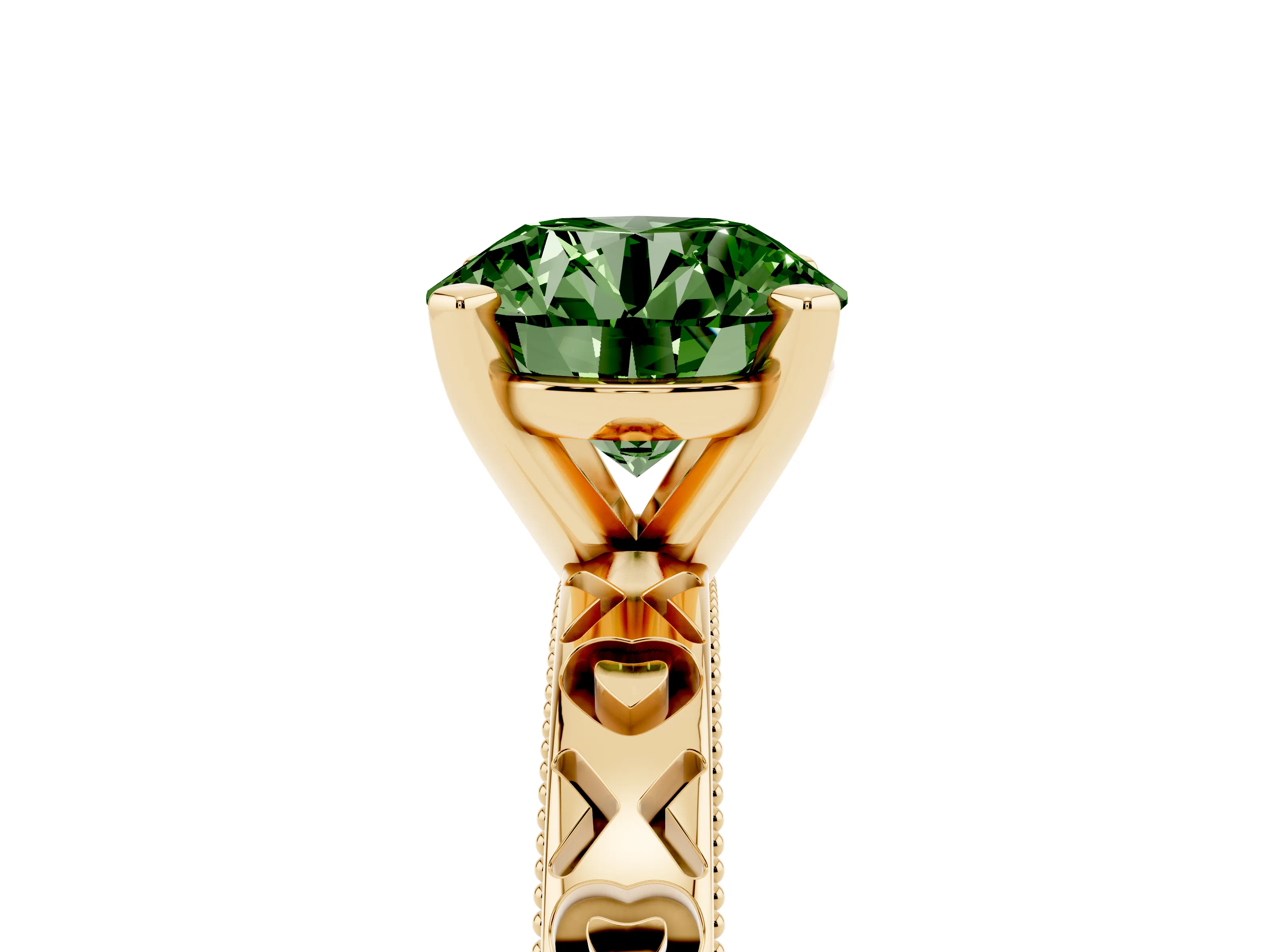 Fancy Green Round Cut Diamond Solitaire Engagement Ring Set in Yellow gold with XO Engraved Band and Prong Setting