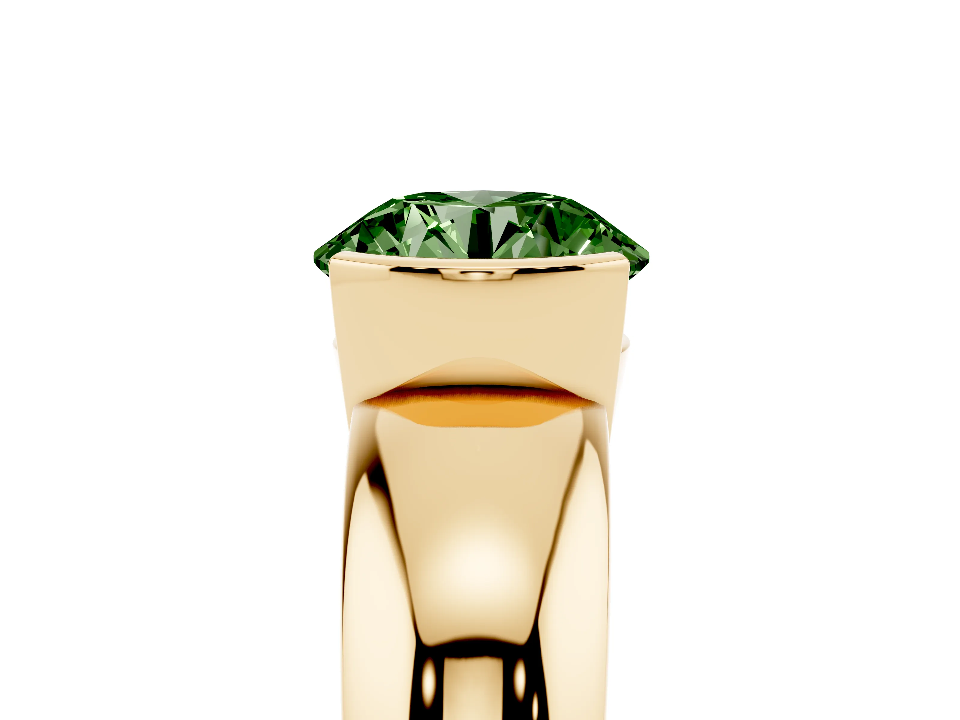 Fancy Green Round Cut Diamond Solitaire Tension Set Ring Set in Yellow gold with Wide Band