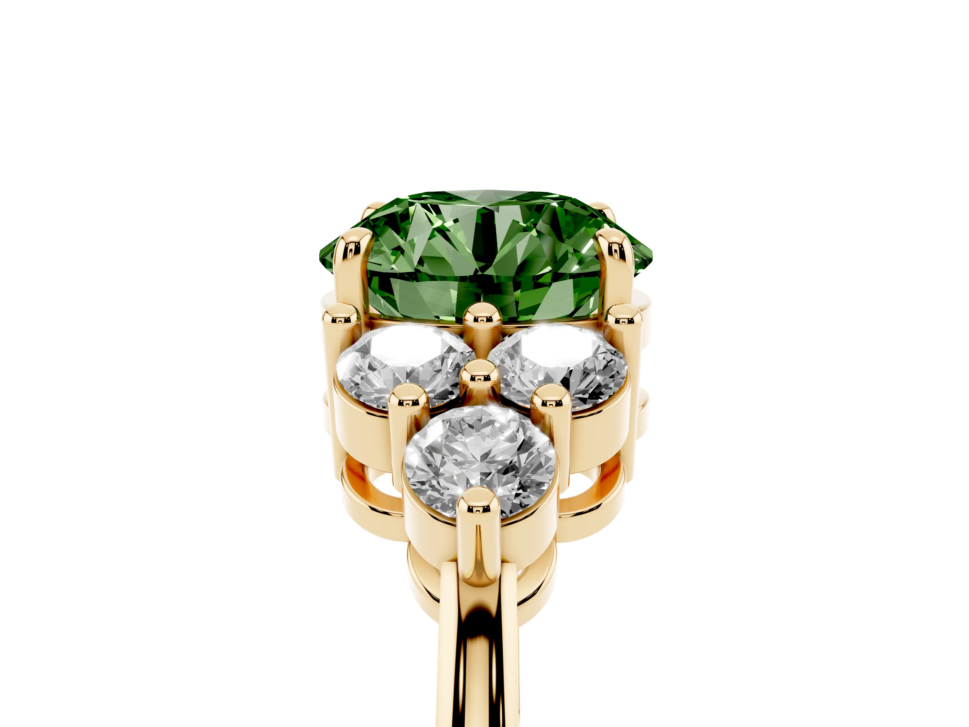 Fancy Green Round Cut Diamond Solitaire Ring Set in Yellow gold with Cluster Accents on Each Side