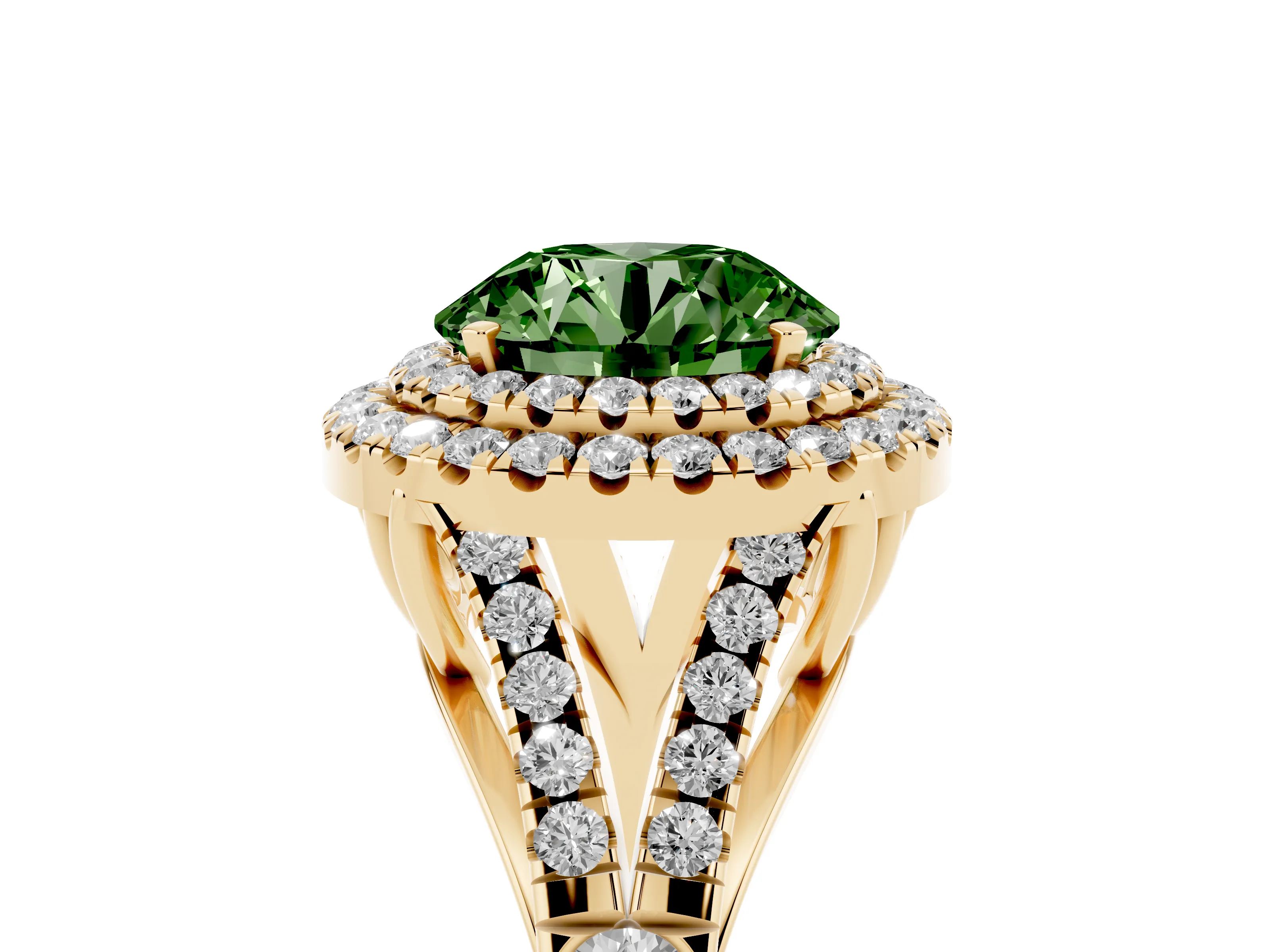 Fancy Green Round Cut Diamond Pavé Split Shank Double Halo Engagement Ring Set in Yellow gold