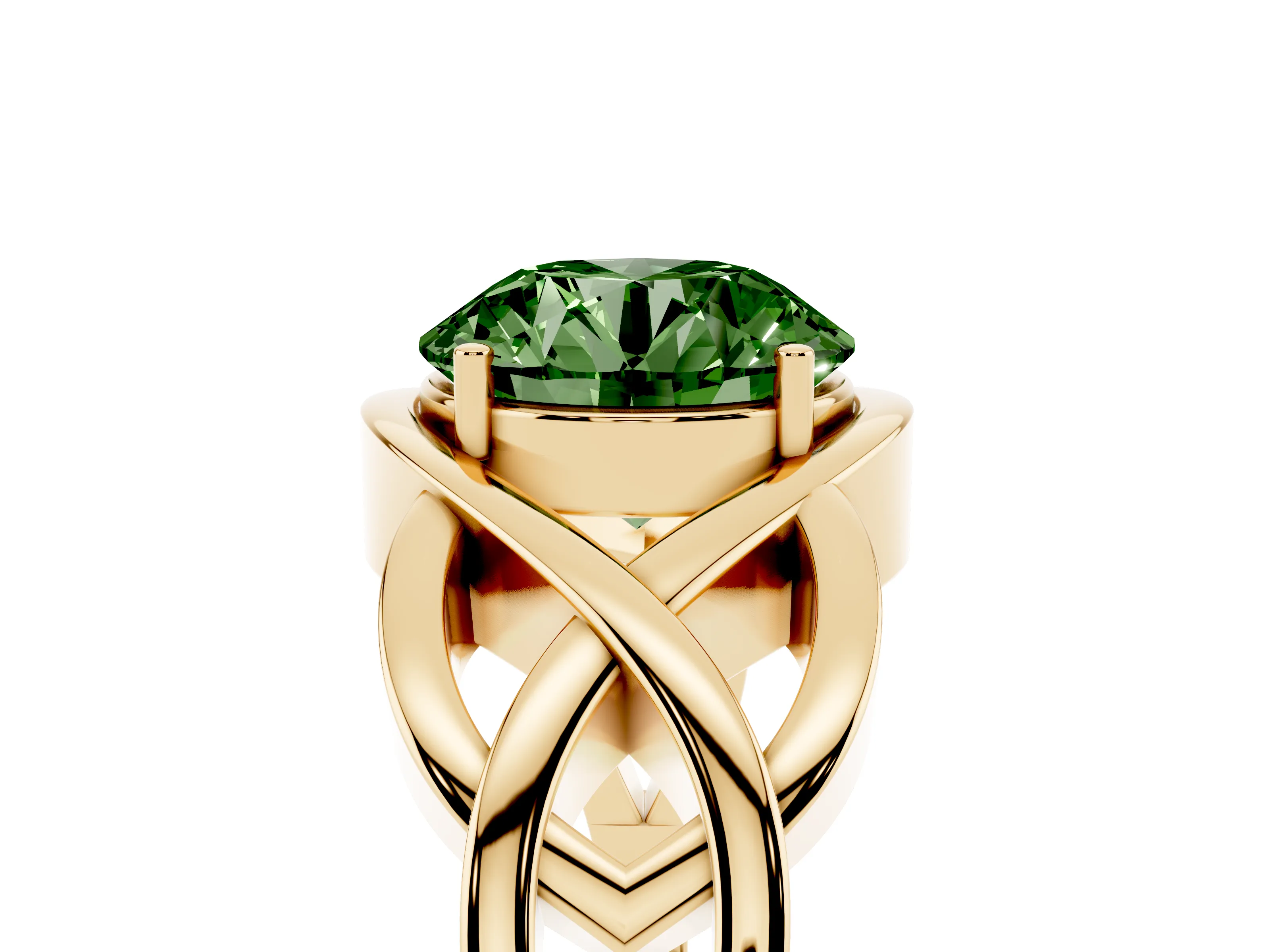 Fancy Green Round Cut Diamond Solitaire Ring Set in Yellow gold with Intertwined Band
