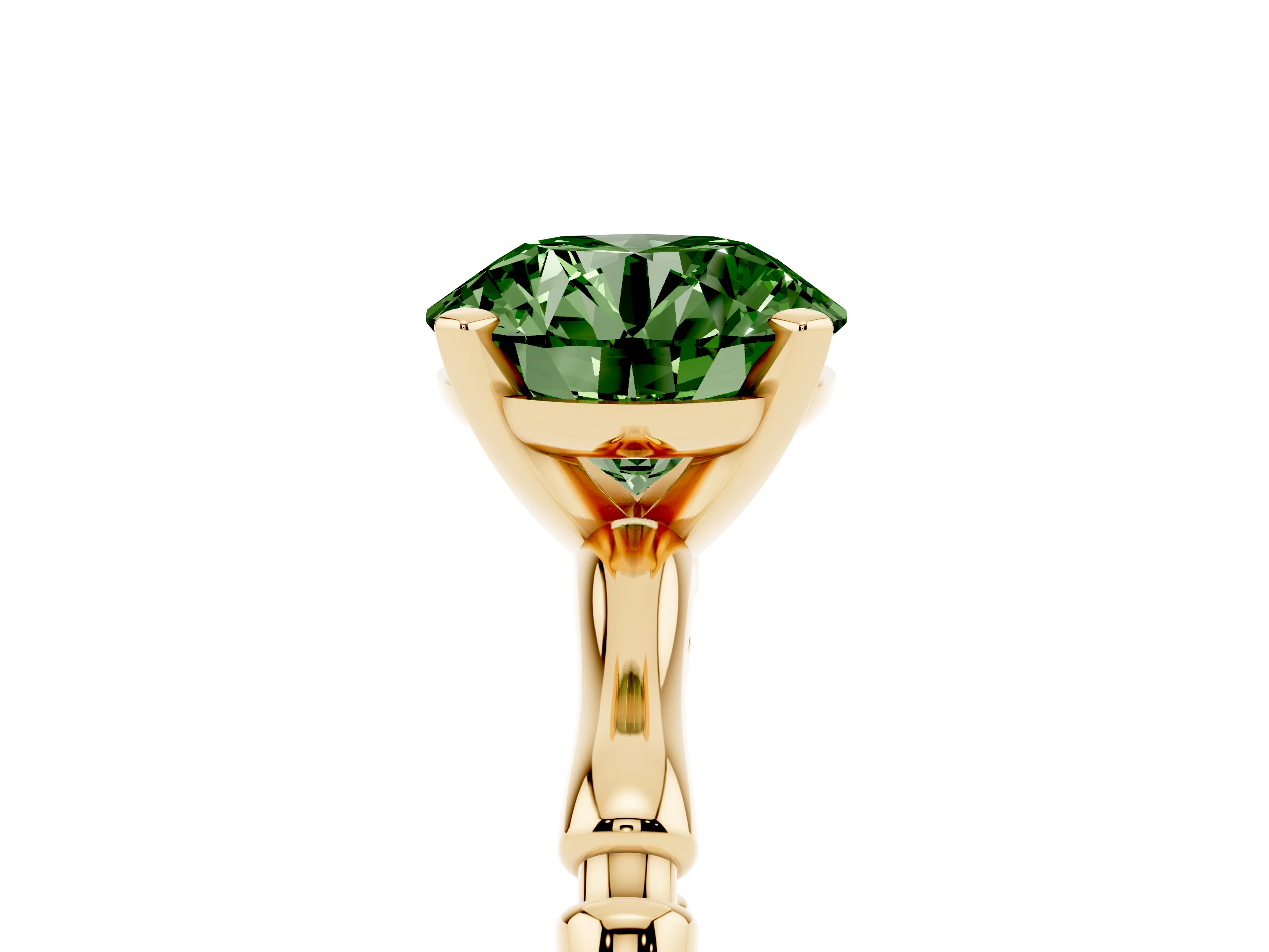 Fancy Green Round Cut Diamond Solitaire Ring Set in Yellow gold with Bamboo Band and Prong Setting