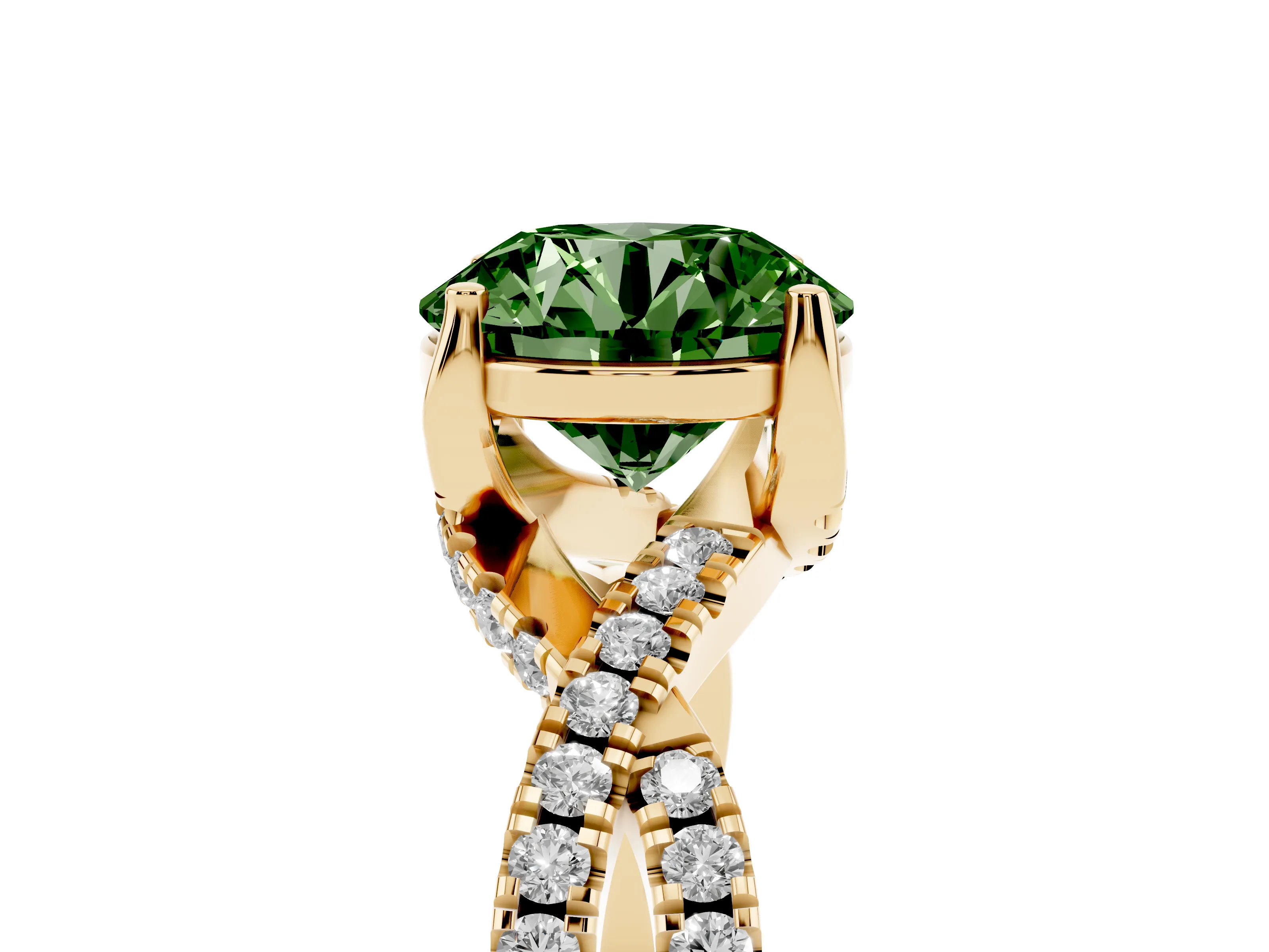 Fancy Green Round Cut Diamond Twist Pavé Solitaire Engagement Ring Set in Yellow gold with Prong Setting