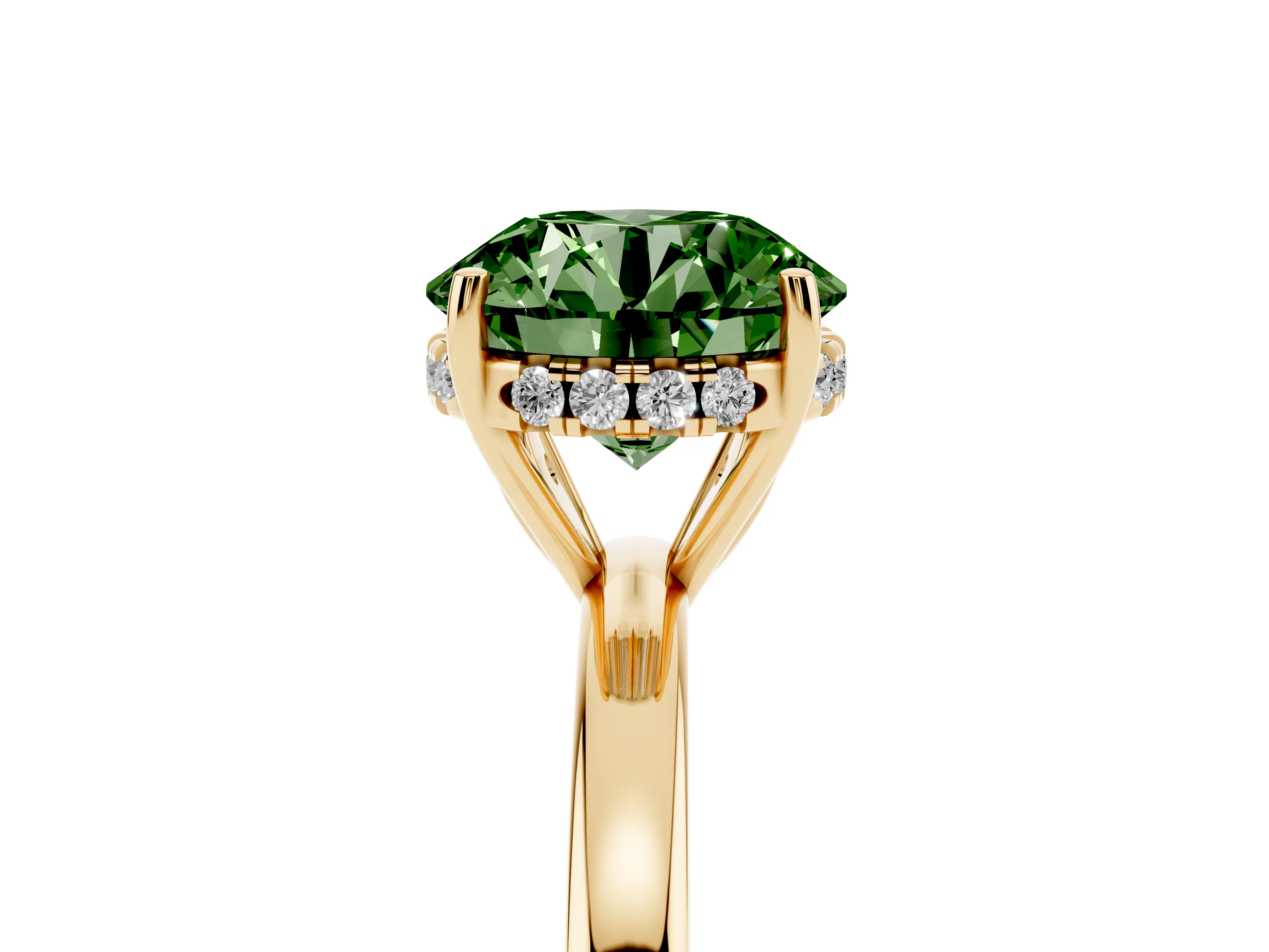 Fancy Green Round Cut Diamond Solitaire Ring Set in Yellow gold with Plain Band and Prong Setting