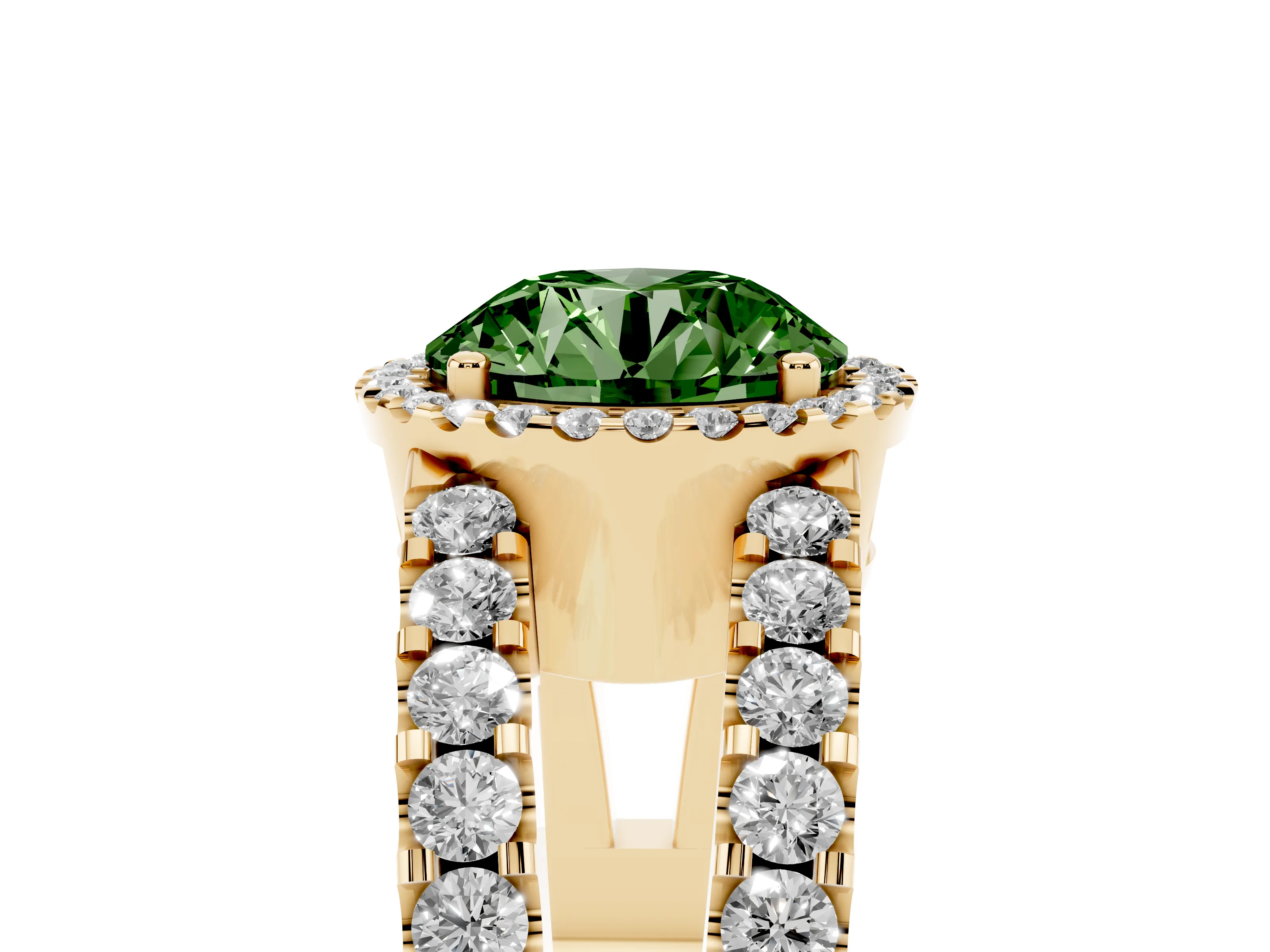 Fancy Green Round Cut Diamond Halo Ring Set in Yellow gold with Pavé Split Shank and Prong Setting