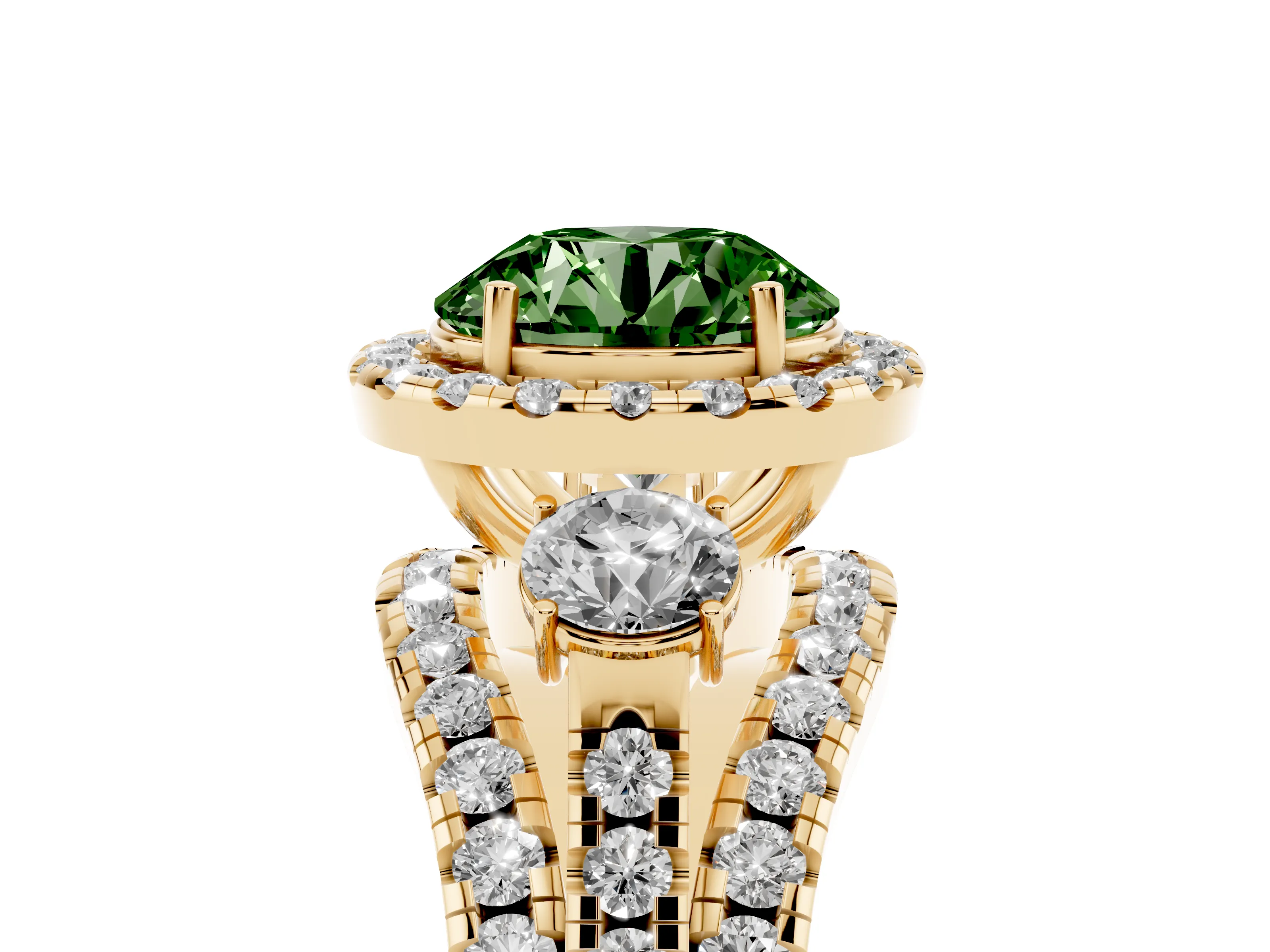 Fancy Green Round Cut Diamond Halo Split Shank Ring Set in Yellow gold with Round Accent Stones and Prong Setting