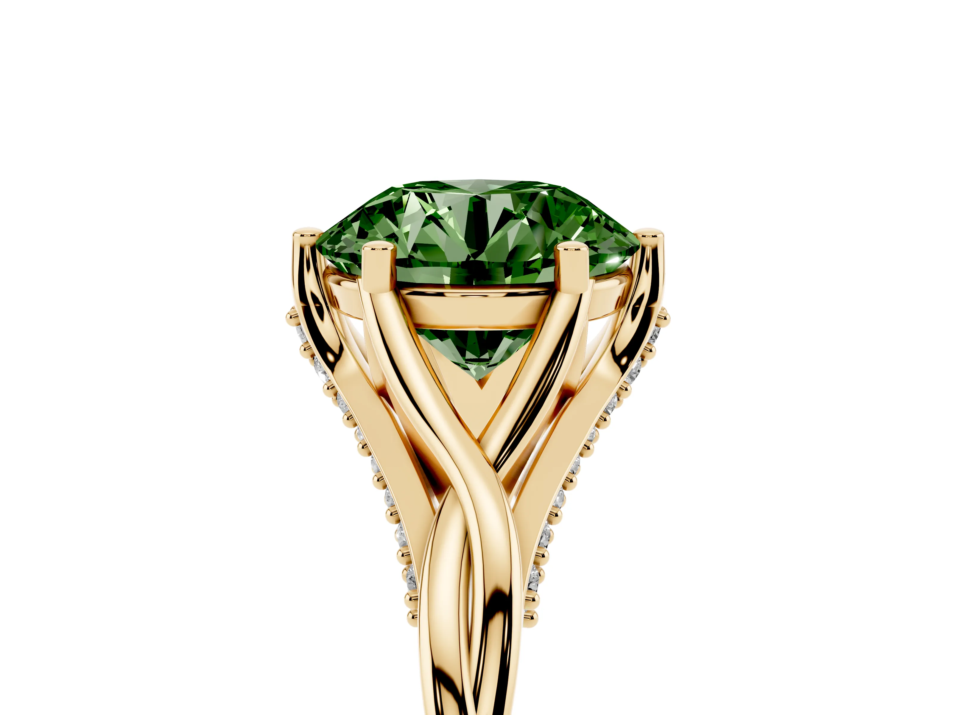 Fancy Green Round Cut Diamond Intertwined Twist Band Solitaire Ring Set in Yellow gold with Prong Setting
