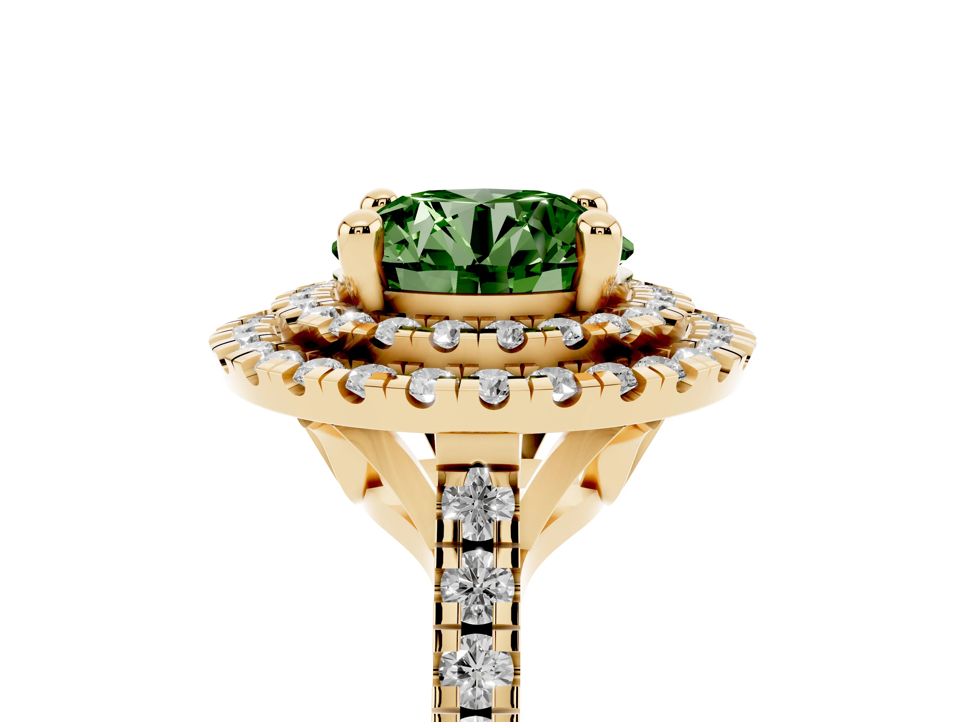 Fancy Green Round Cut Diamond Double Halo Statement Ring Set in Yellow gold with Pavé Band
