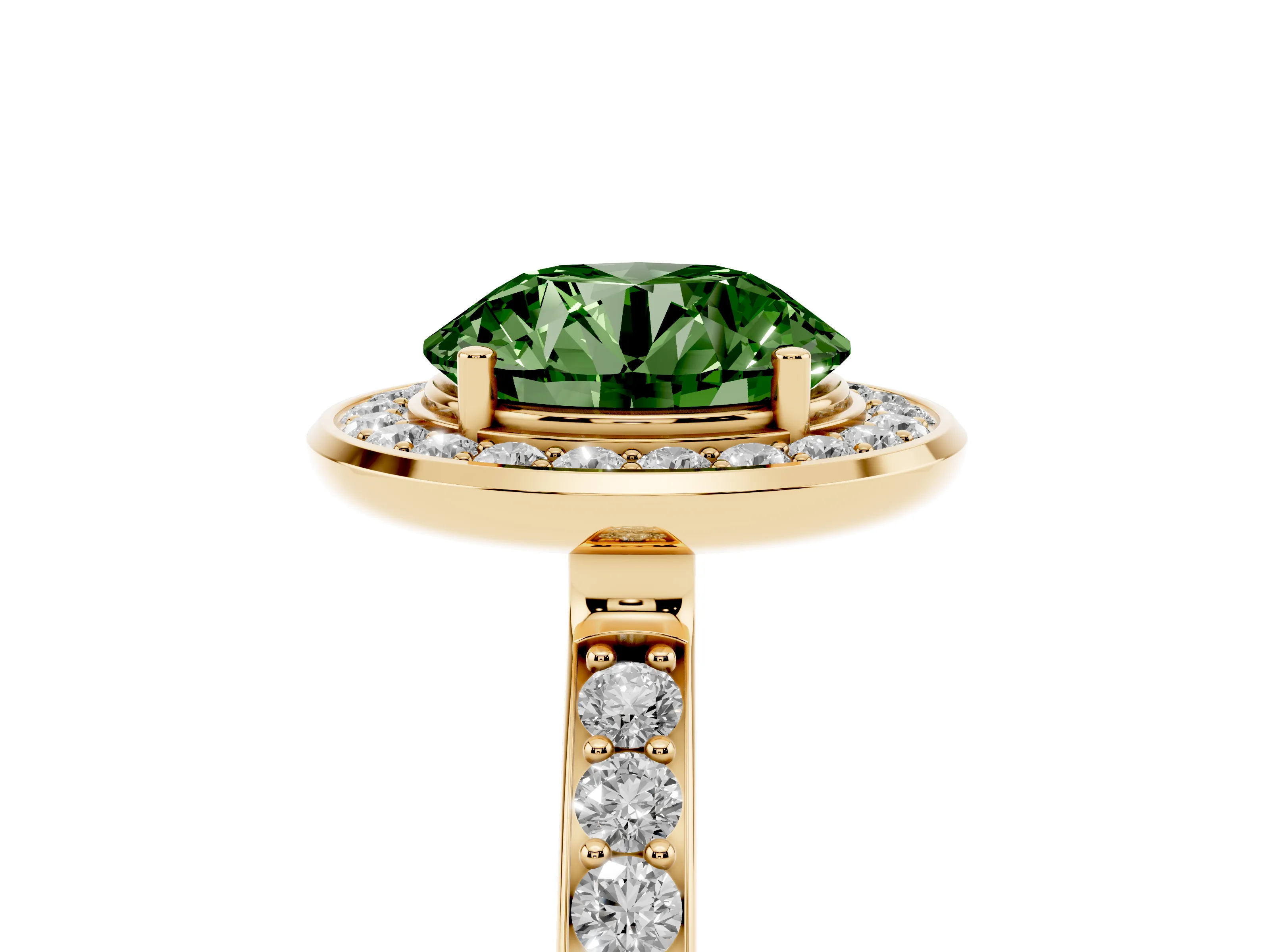 Fancy Green Round Cut Diamond Halo Ring Set in Yellow gold with Bezel Frame and Pavé Band