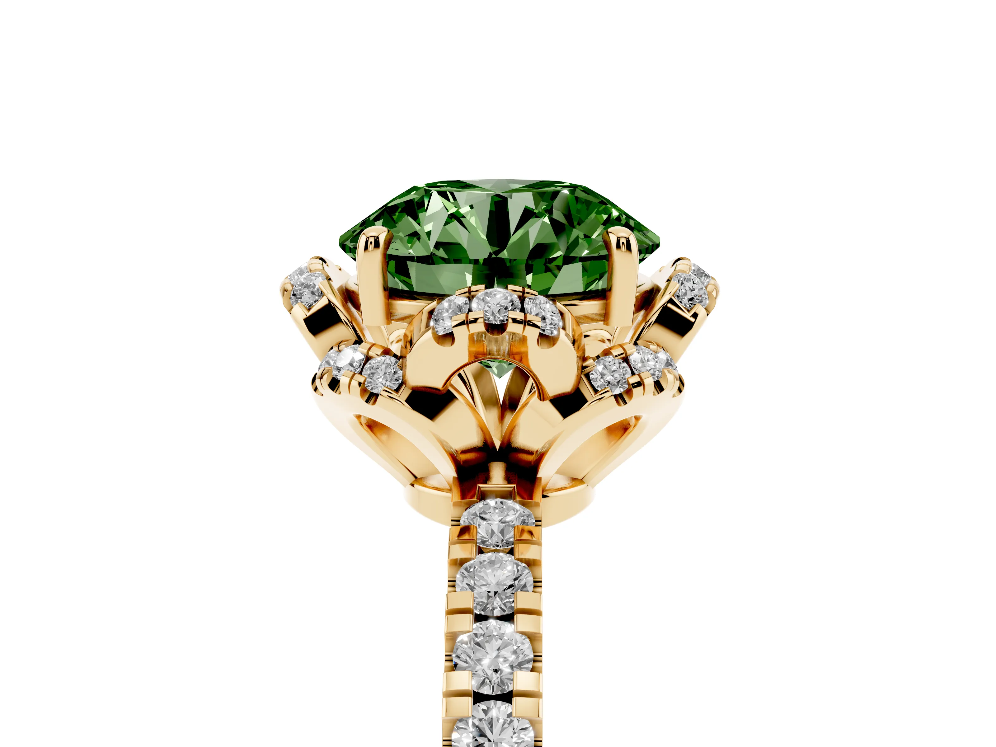 Fancy Green Round Cut Diamond Halo Pavé Band Ring Set in Yellow gold with Prong-Held Center