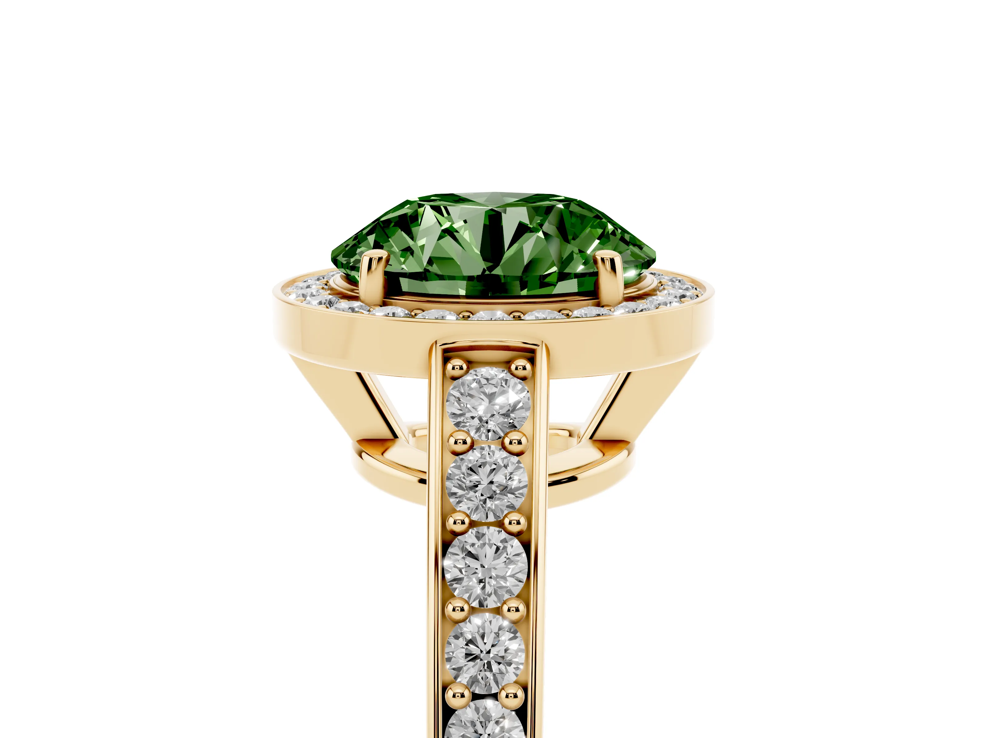 Fancy Green Round Cut Diamond Halo Pavé Engagement Ring Set in Yellow gold with Bezel Setting
