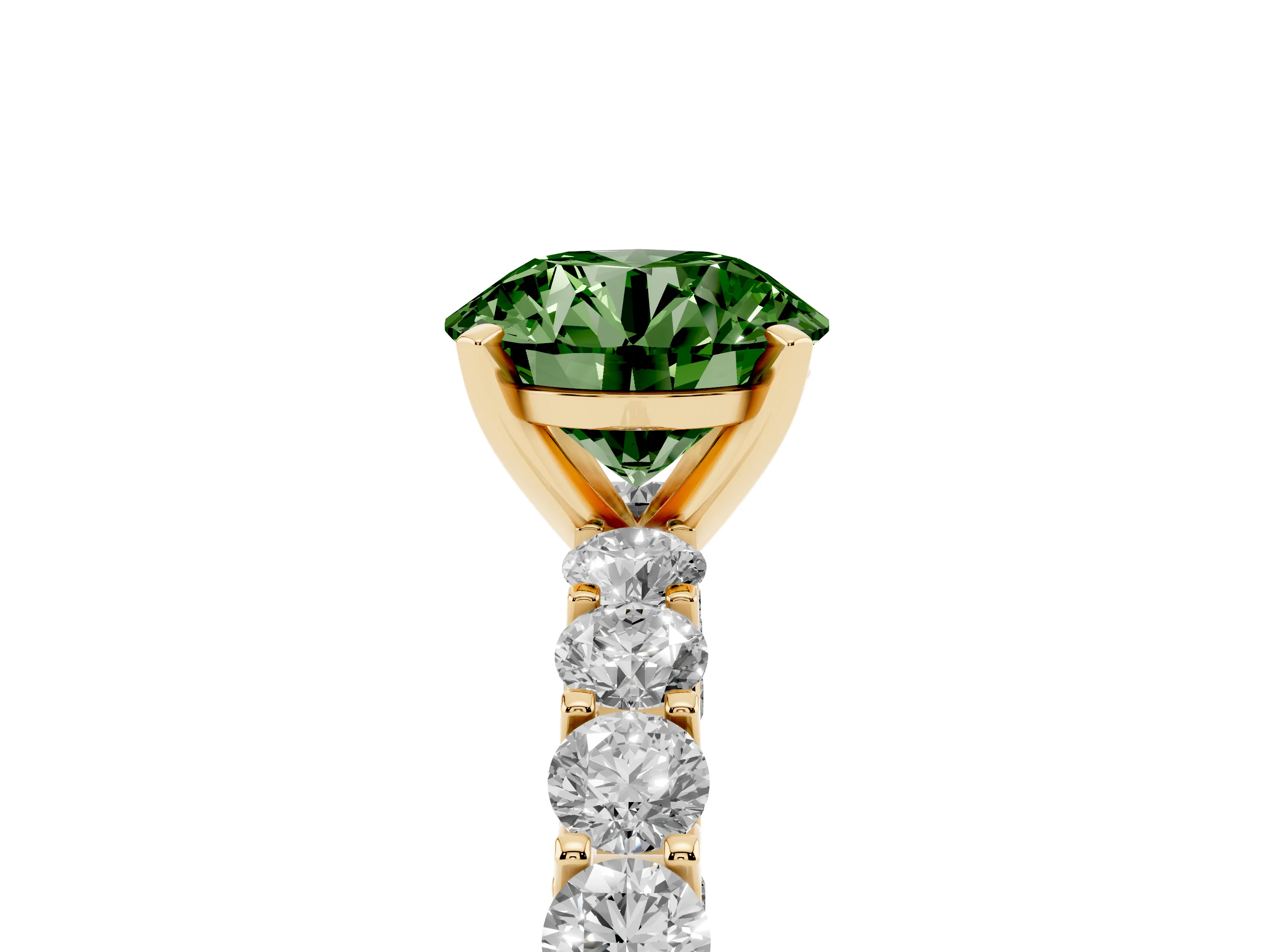 Fancy Green Round Cut Diamond Solitaire Ring Set in Yellow gold with Shared Prong Pavé Band