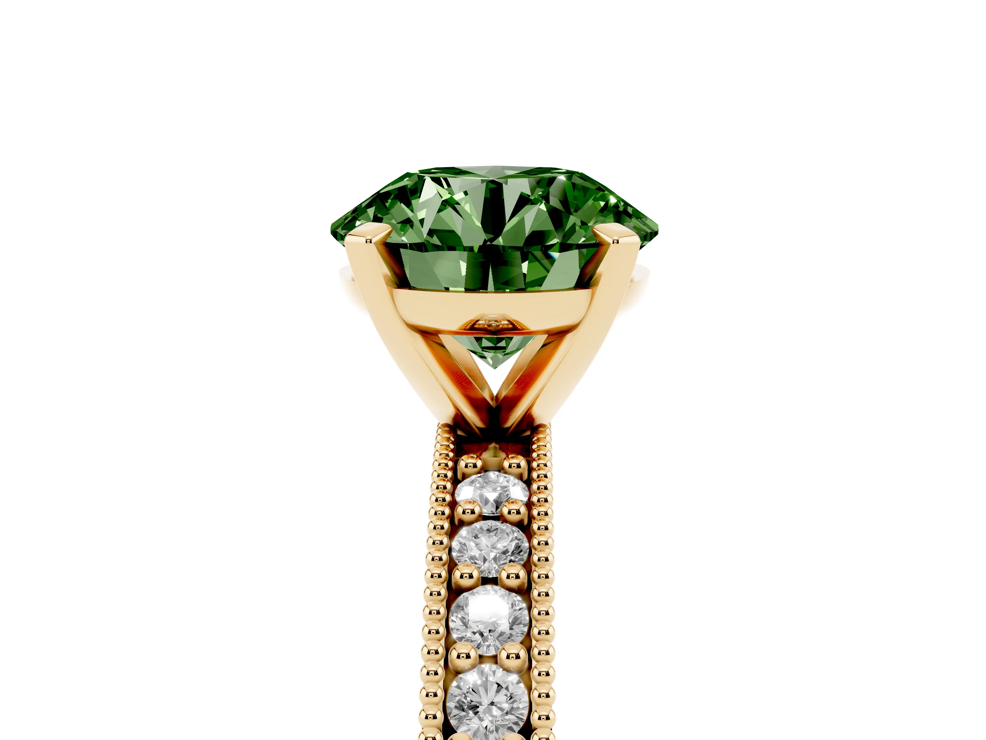 Fancy Green Round Cut Diamond Milgrain Pavé Engagement Ring Set in Yellow gold with Prong Setting