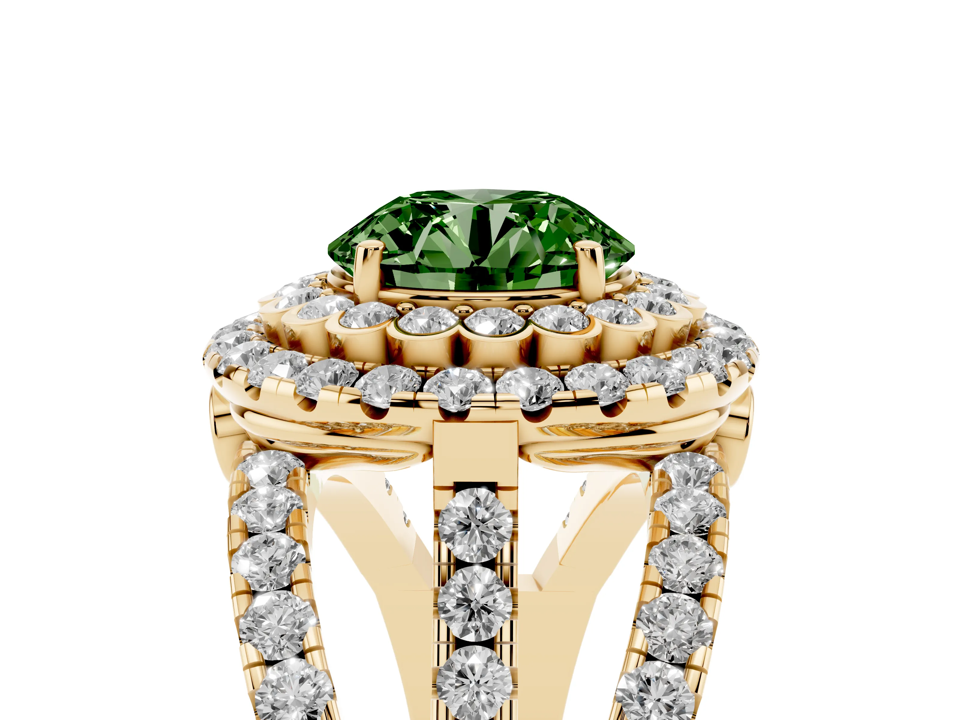 Fancy Green Round Cut Diamond Double Halo Ring Set in Yellow gold with Round Pavé Split Shank