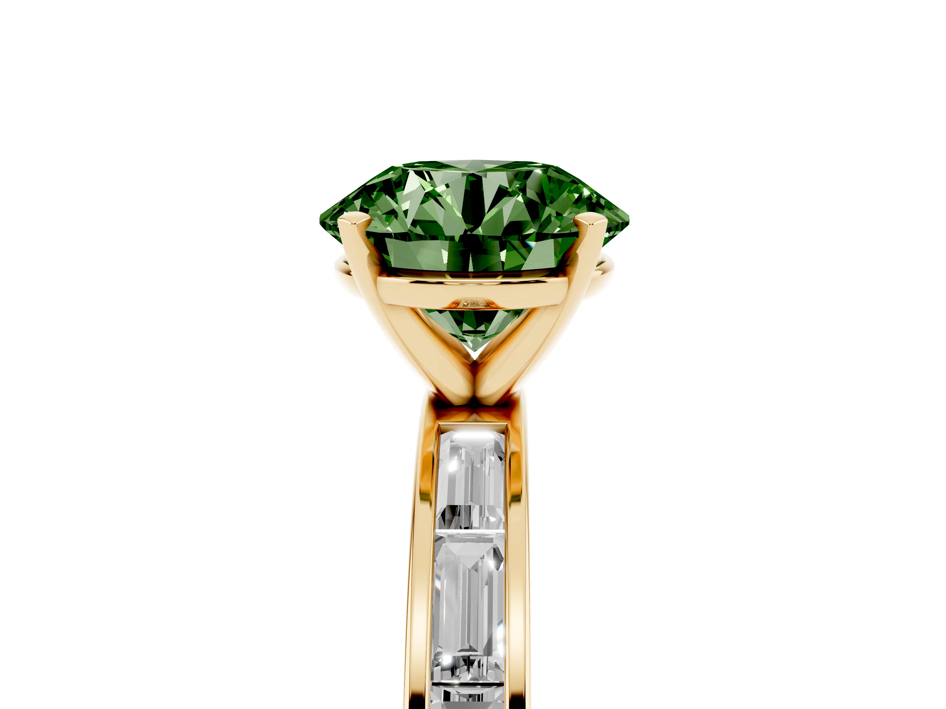 Fancy Green Round Cut Diamond Solitaire Ring Set in Yellow gold with Channel-Set Baguette Band and Prong Setting