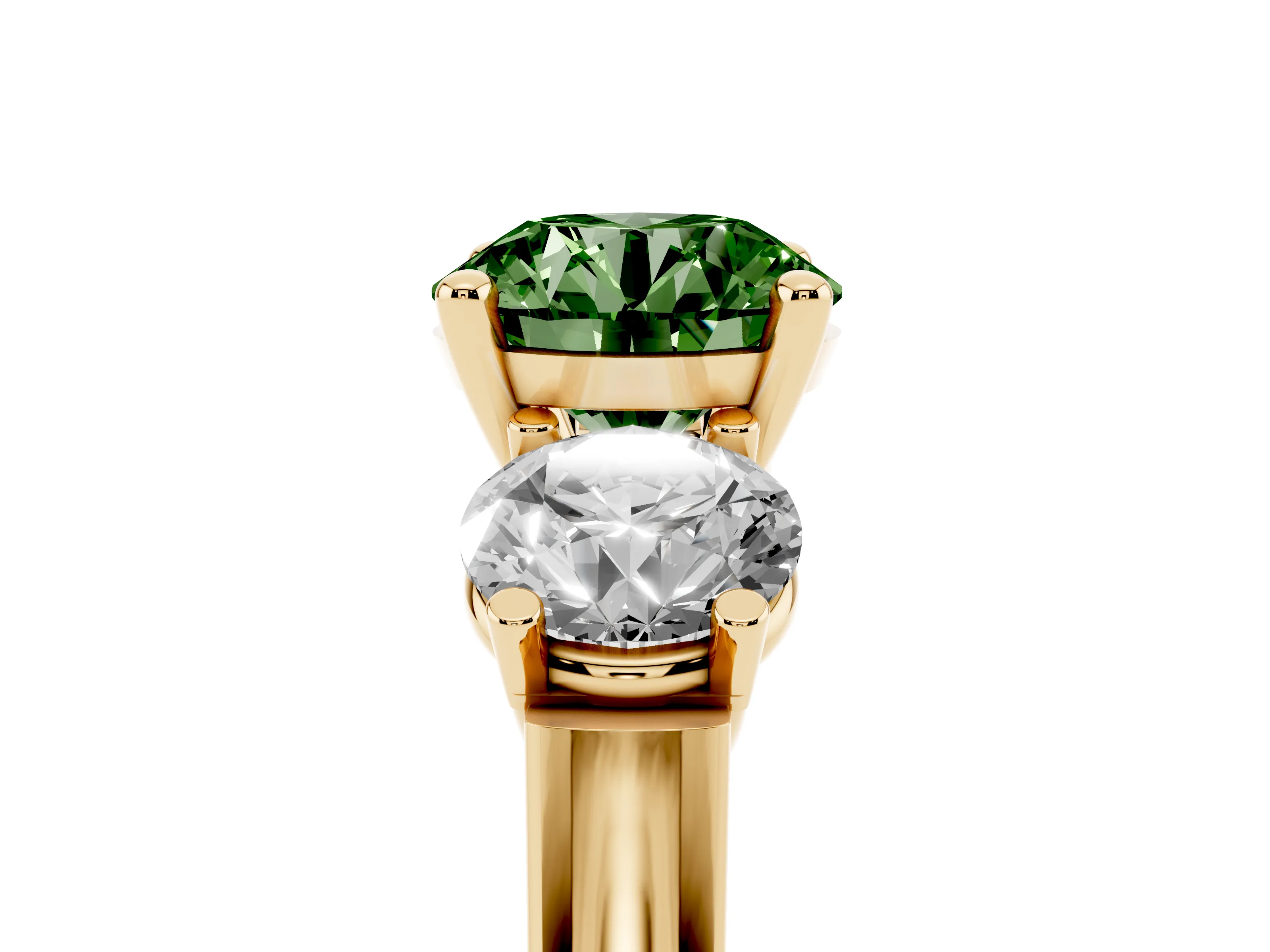 Fancy Green Round Cut Diamond Three-Stone Trellis Ring Set in Yellow gold with Comfort Fit Band
