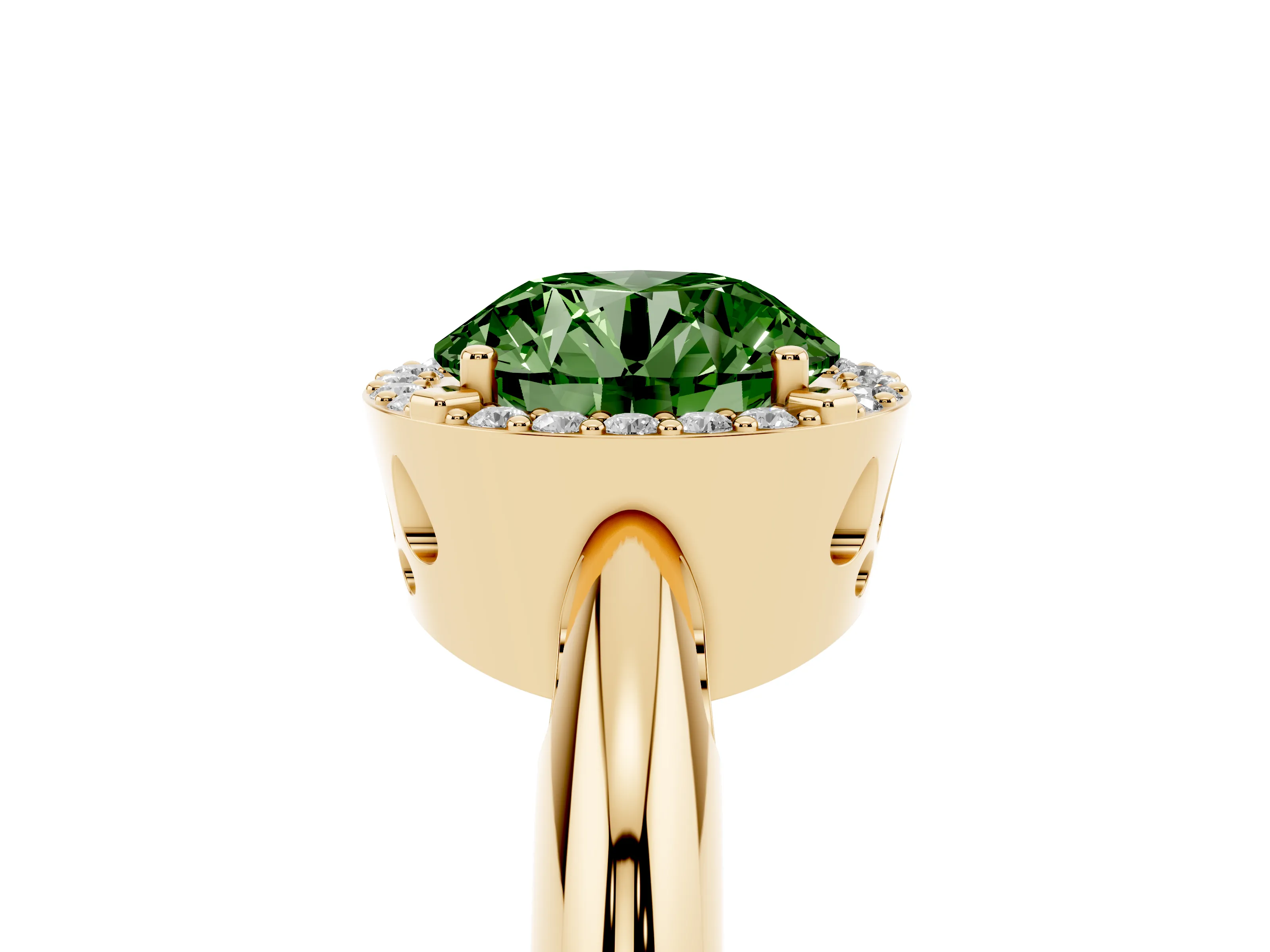 Fancy Green Round Cut Diamond Halo Engagement Ring Set in Yellow gold with Plain Split Shank and Prong Setting