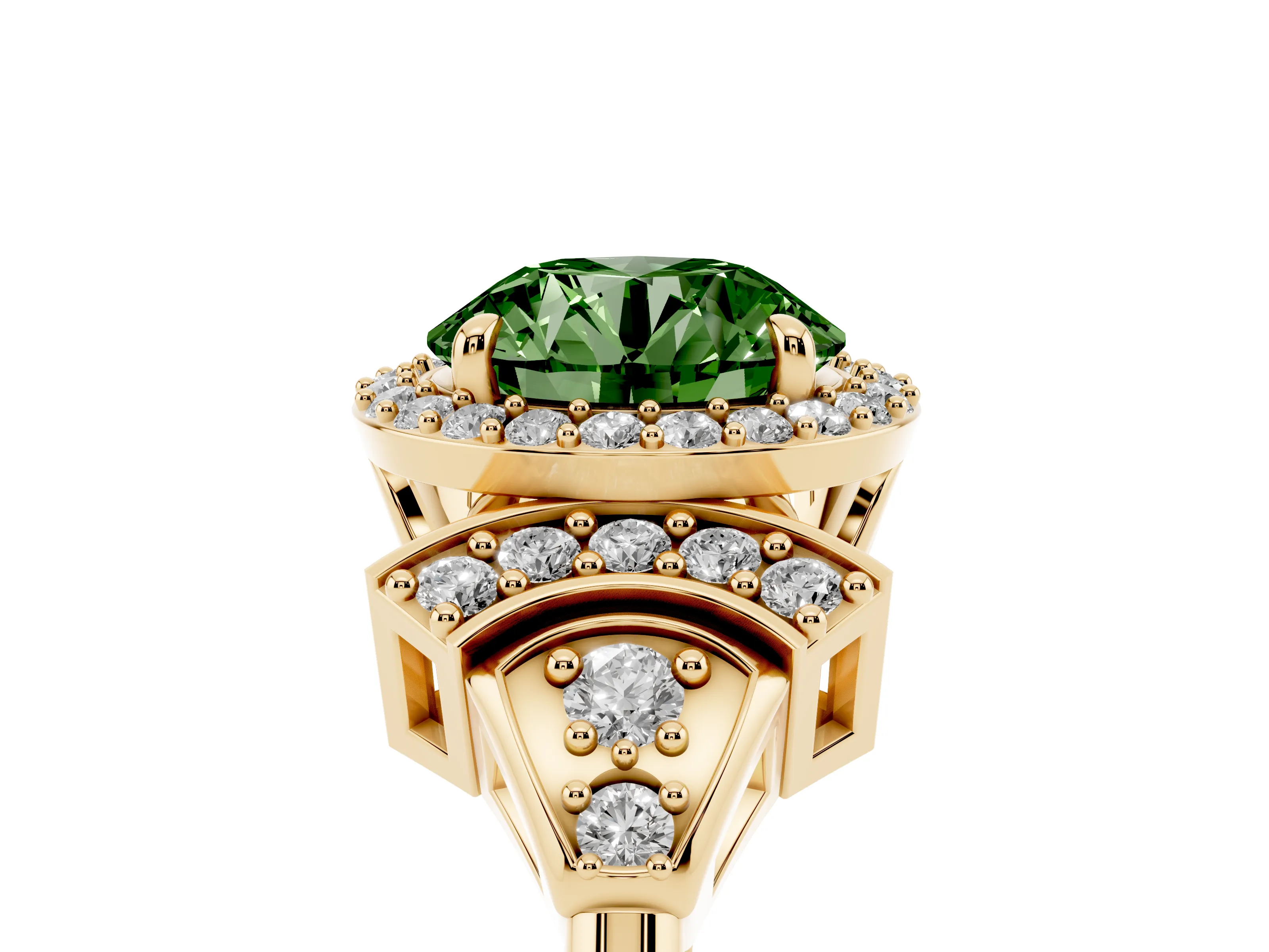Fancy Green Round Cut Diamond Halo Engagement Ring Set in Yellow gold with Accent Stone Split Shank